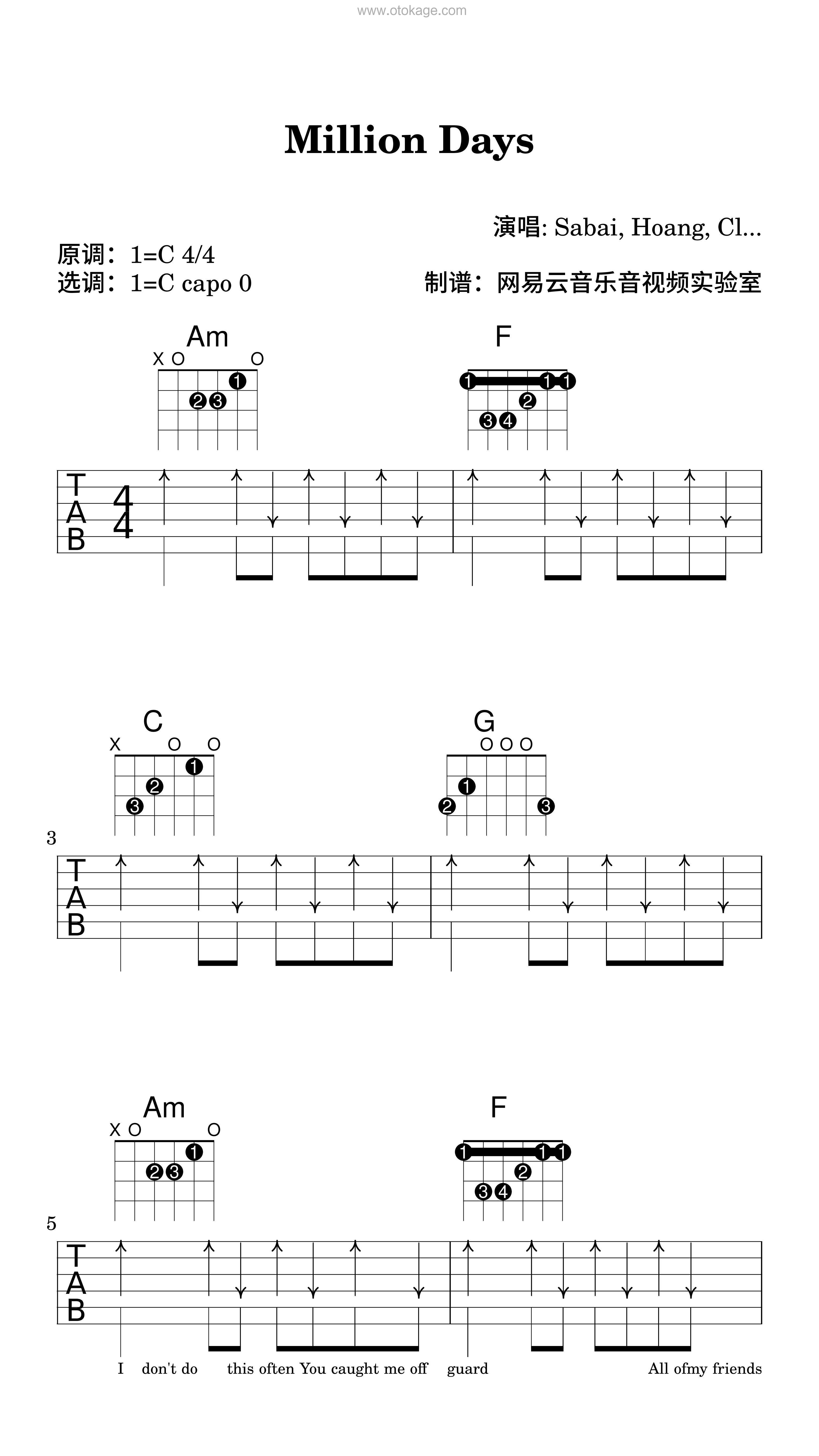 SABAI,Hoang《Million Days吉他谱》C调_旋律打动心灵