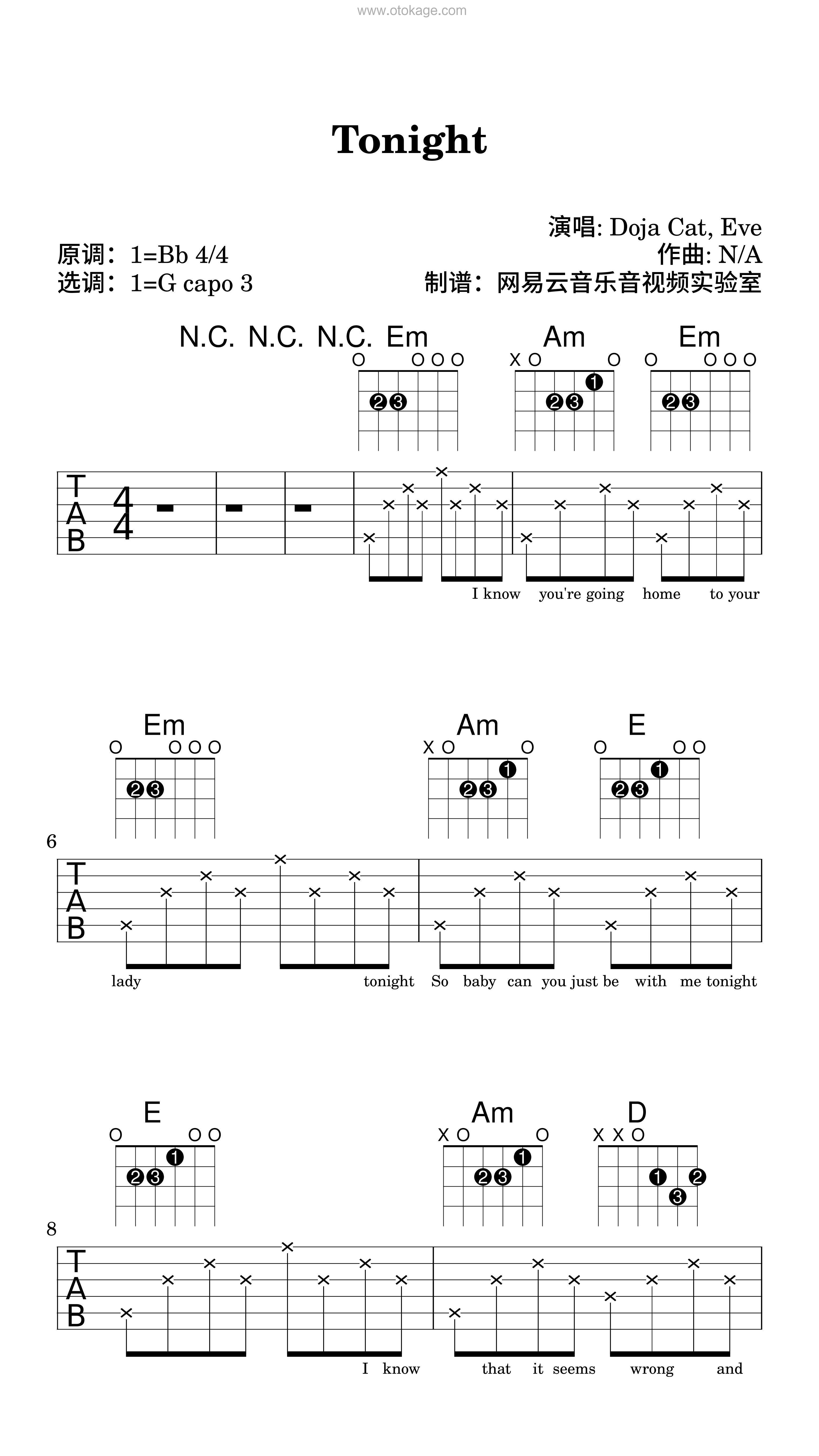 Doja Cat,Eve《Tonight吉他谱》降B调_旋律悦耳动听