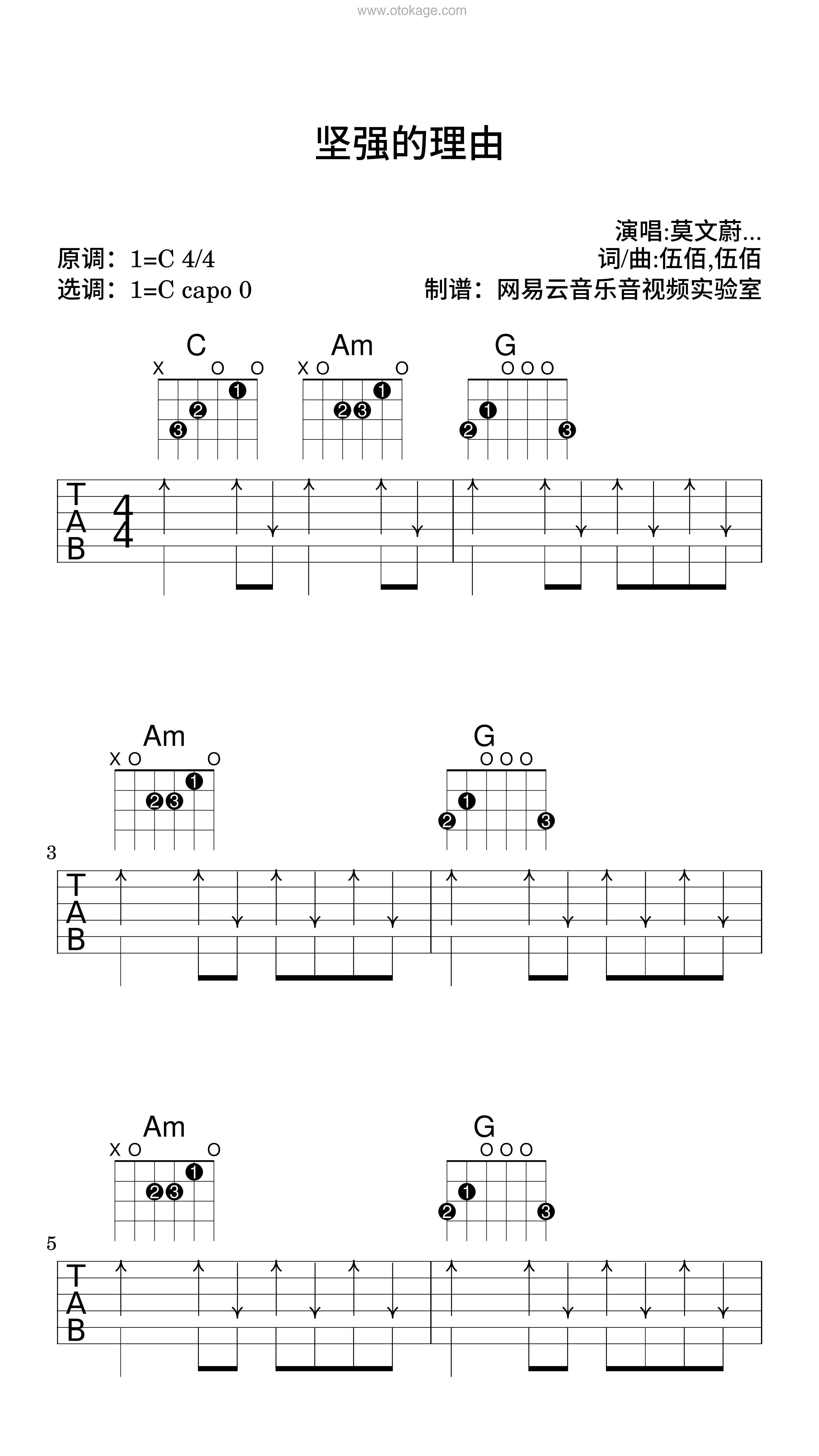 莫文蔚,伍佰《坚强的理由吉他谱》C调_编配精致感人
