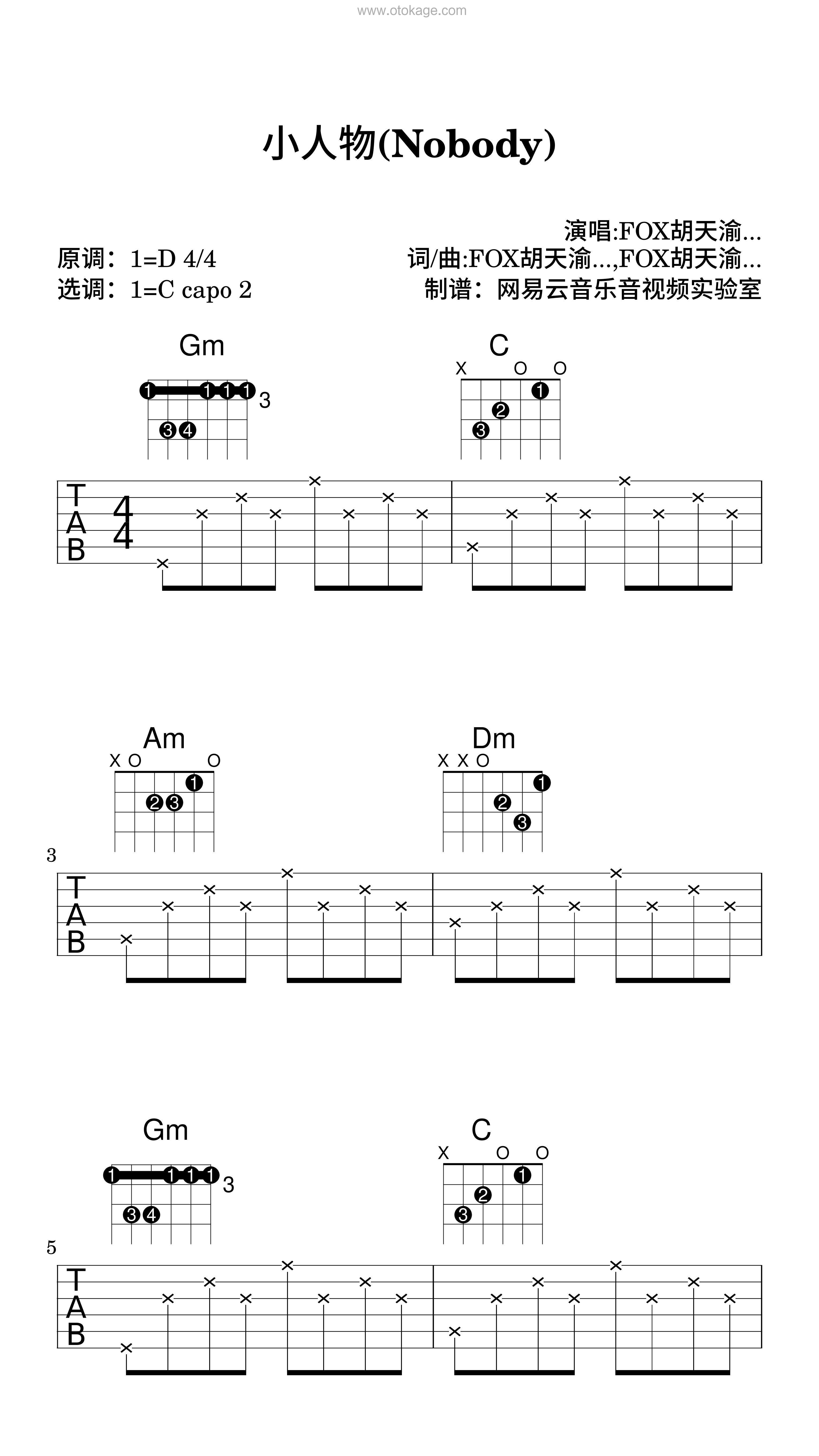 FOX胡天渝,于湉《小人物(Nobody)吉他谱》D调_音符如画卷展开