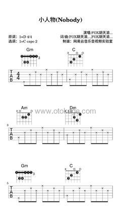 FOX胡天渝,于湉《小人物(Nobody)吉他谱》D调_音符如画卷展开