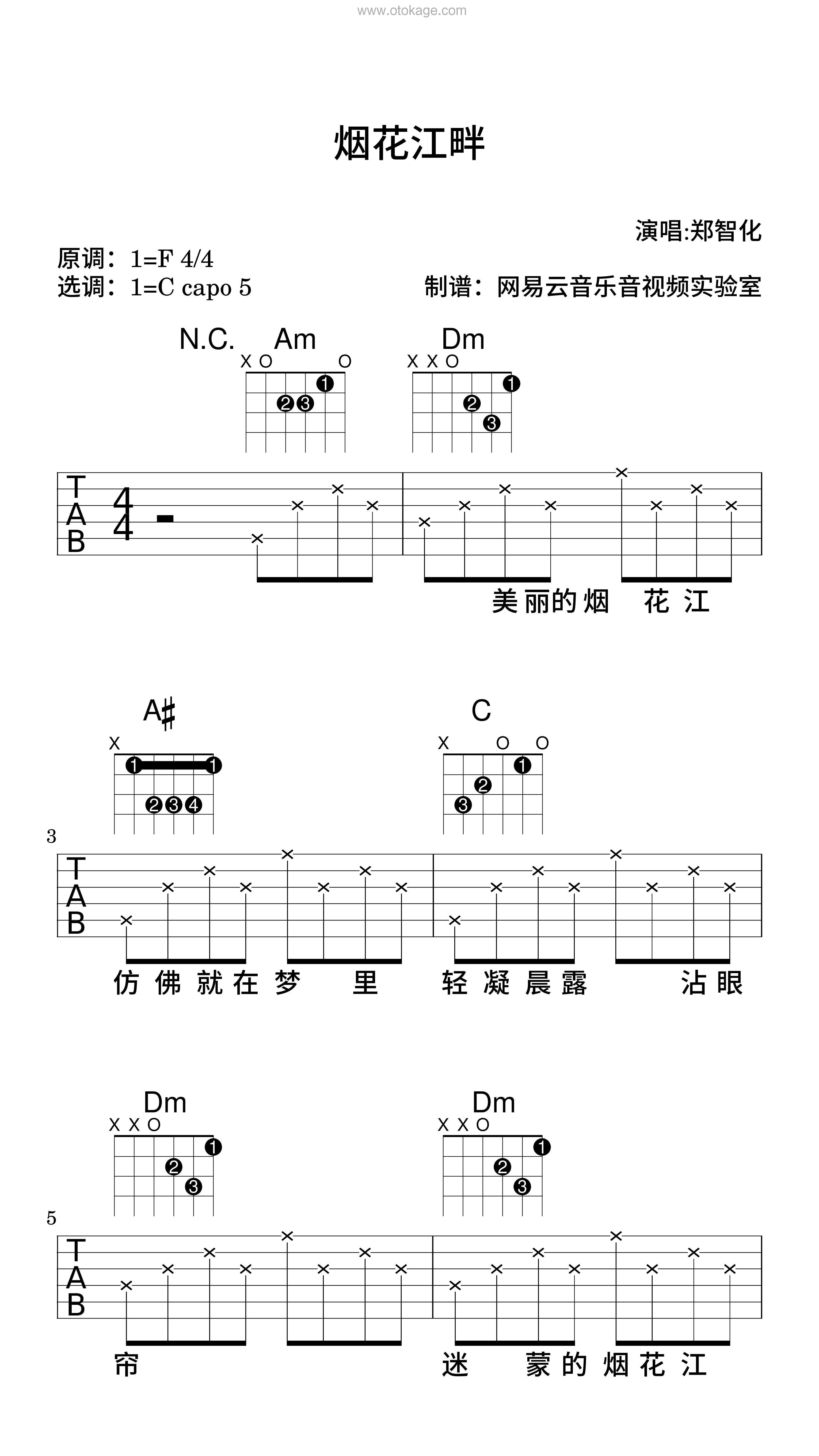 郑智化《烟花江畔吉他谱》F调_完美平衡的音调