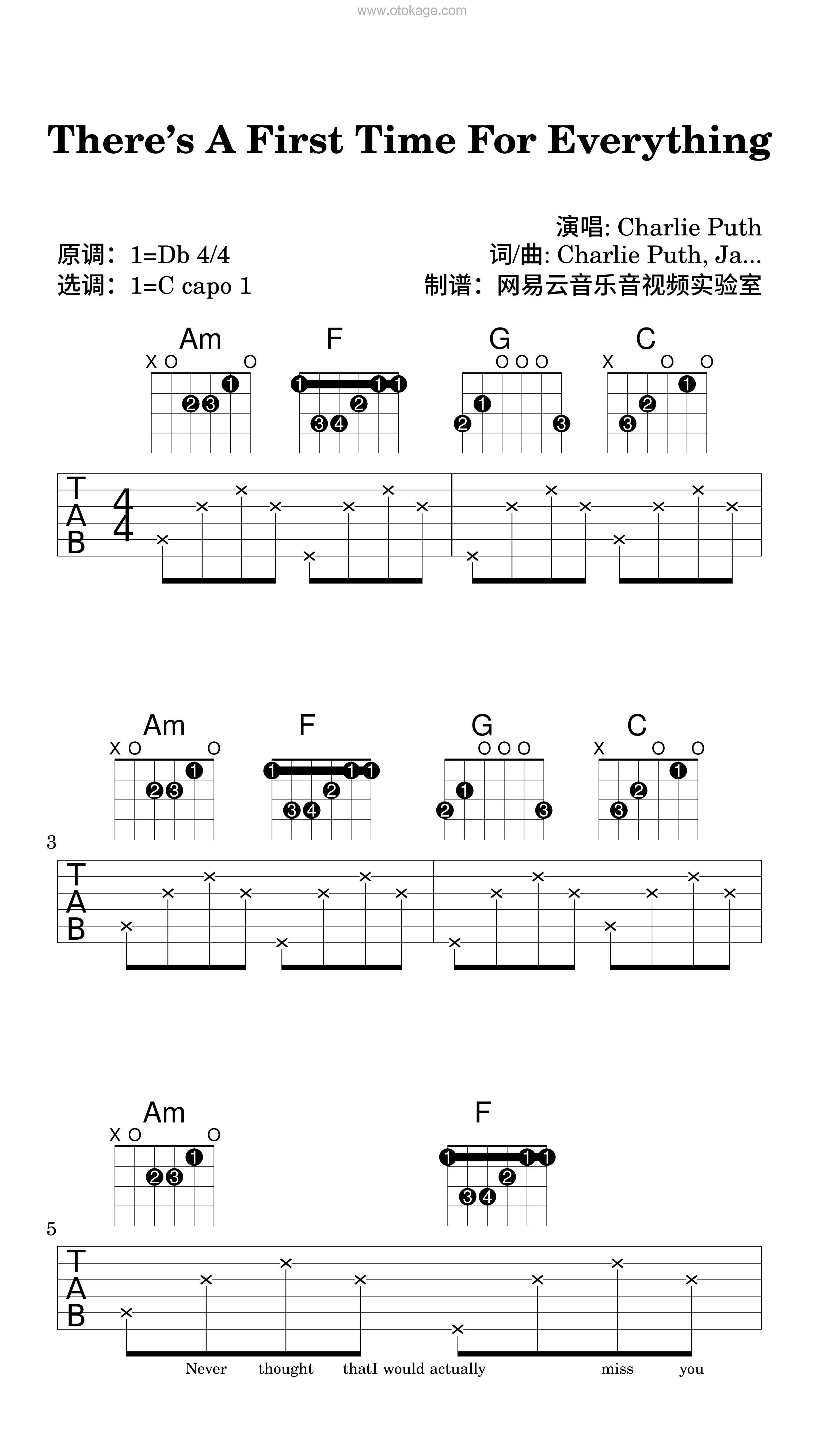 Charlie Puth《There’s A First Time For Everything吉他谱》降D调_打动人心的旋律