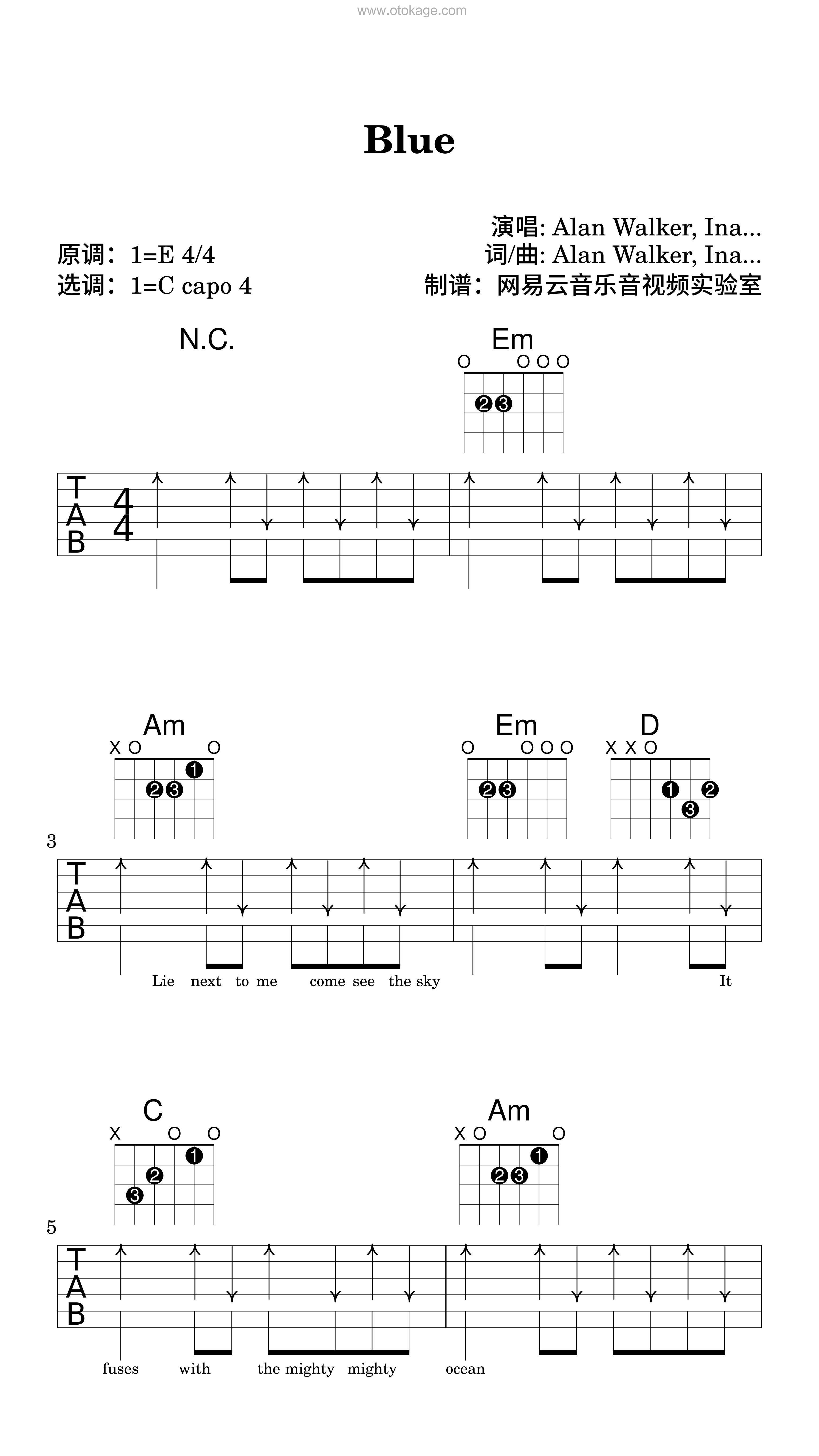 Alan Walker,Ina Wroldsen《Blue吉他谱》E调_充满诗意的编配