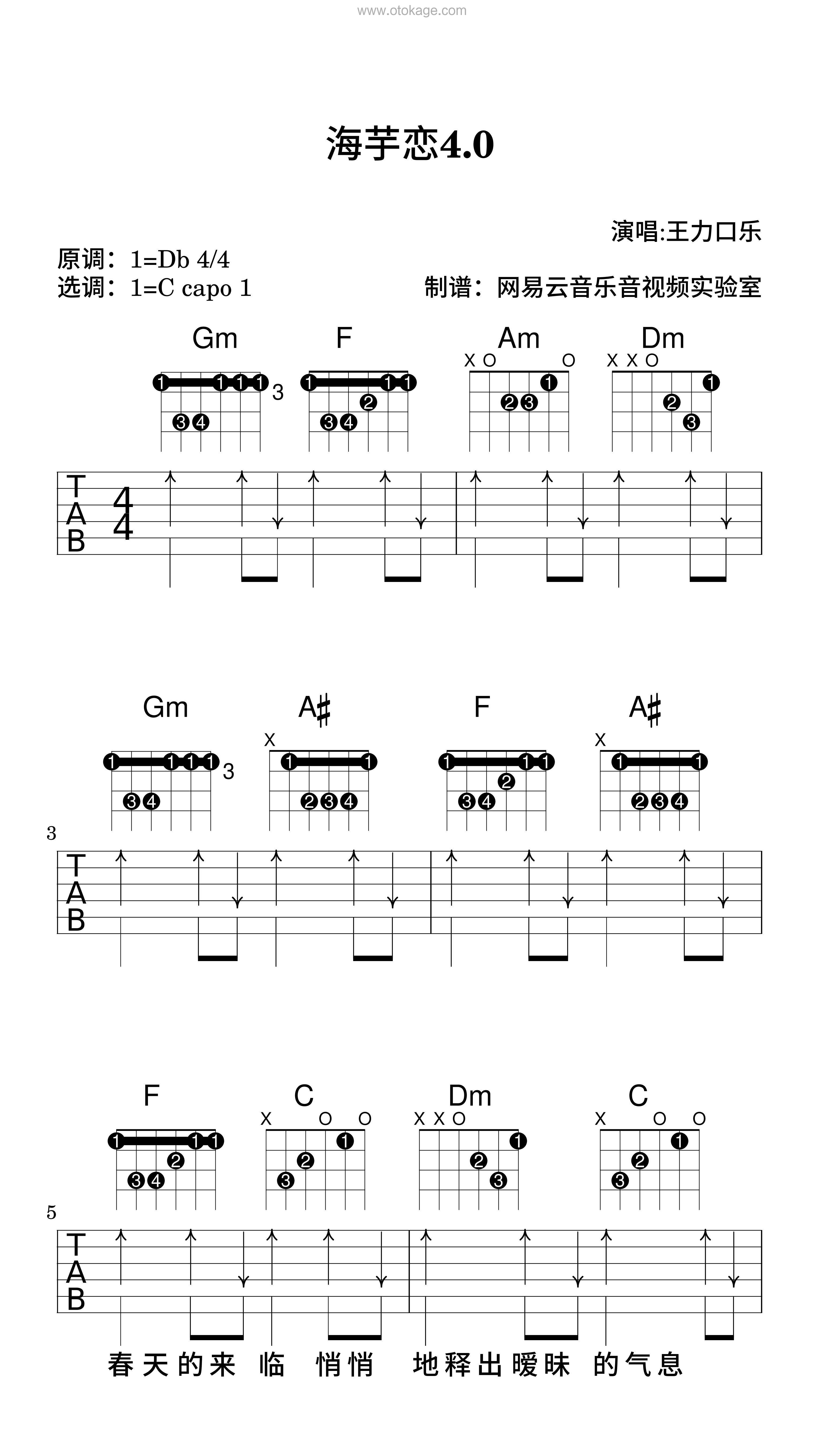 随3听《海芋恋4.0吉他谱》降D调_音符婉转动人