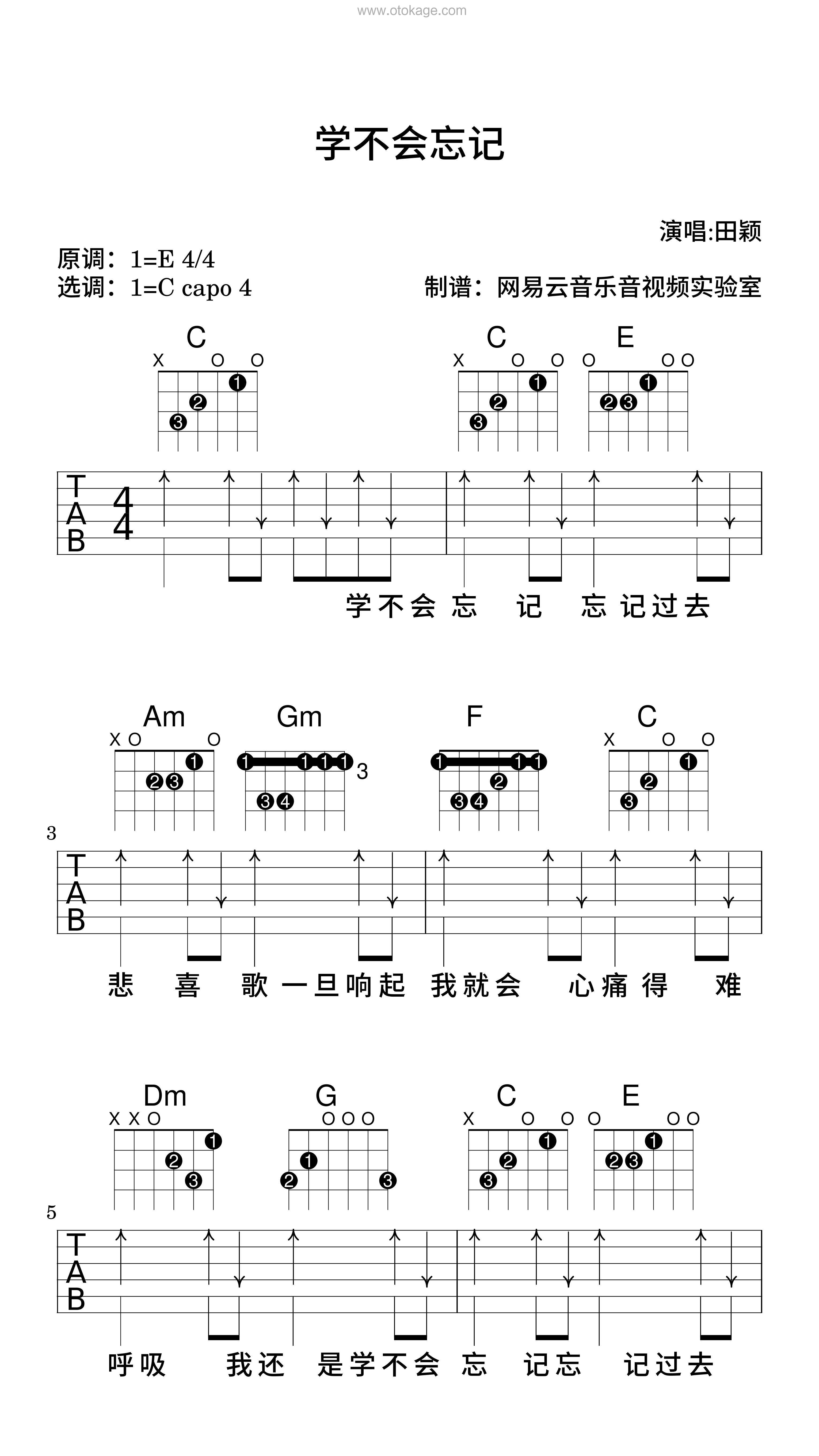 田颖《学不会忘记吉他谱》E调_节奏自由流动