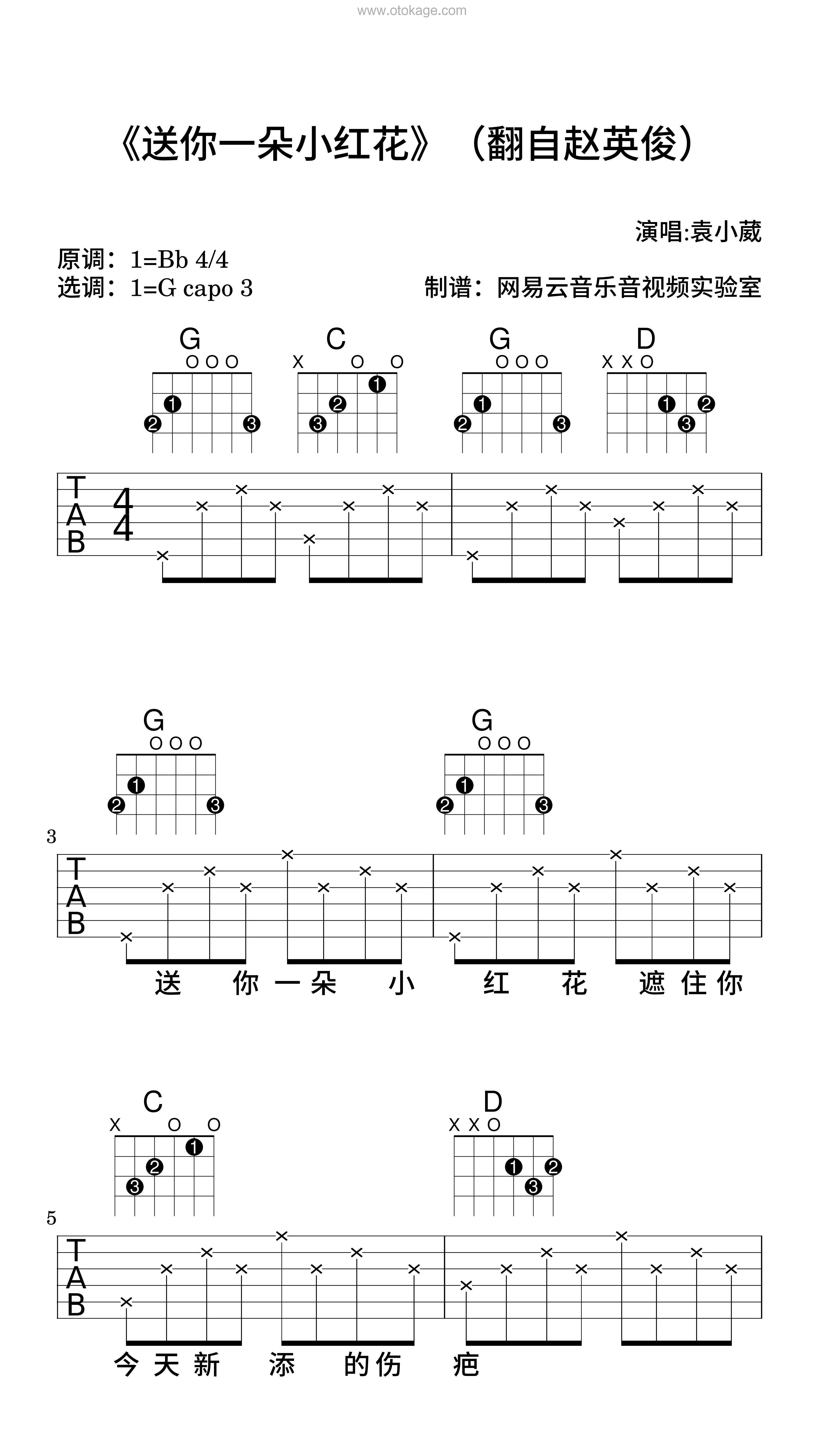 袁小葳《《送你一朵小红花》（翻自赵英俊）吉他谱》降B调_旋律简单而动人