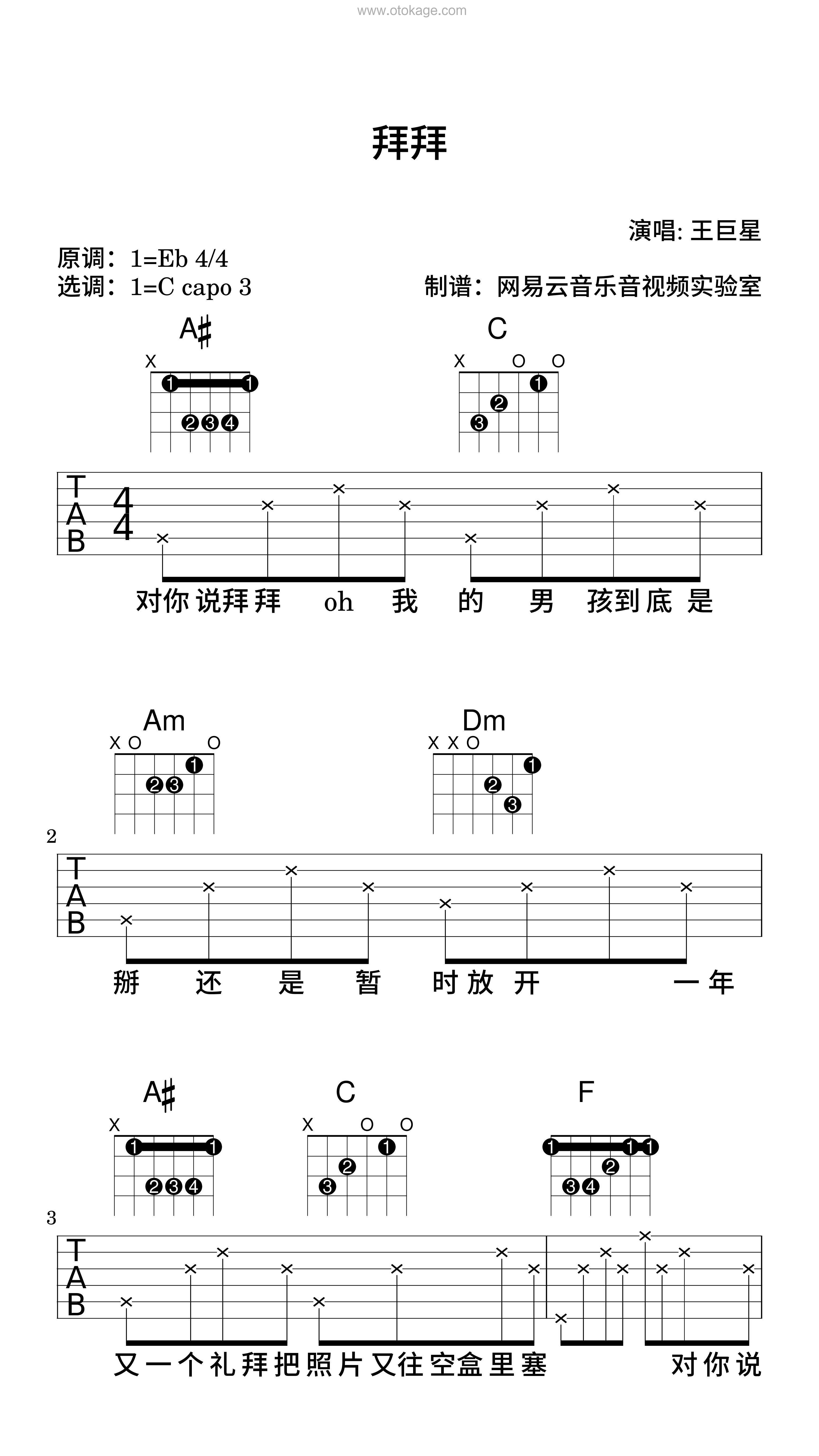 王巨星《拜拜吉他谱》降E调_节奏与情感交融