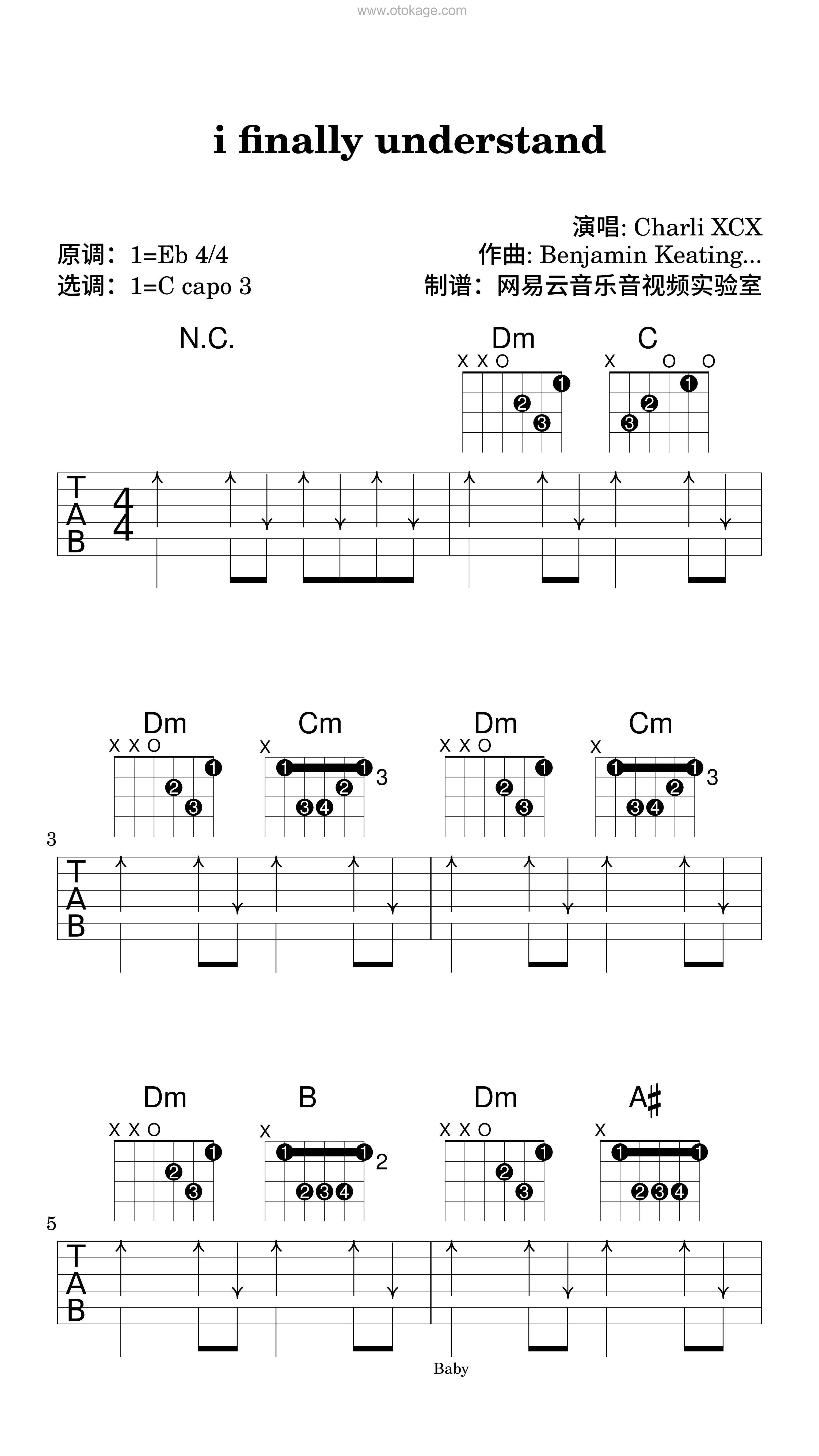 Charli XCX《i finally understand吉他谱》降E调_音符如流水般柔和