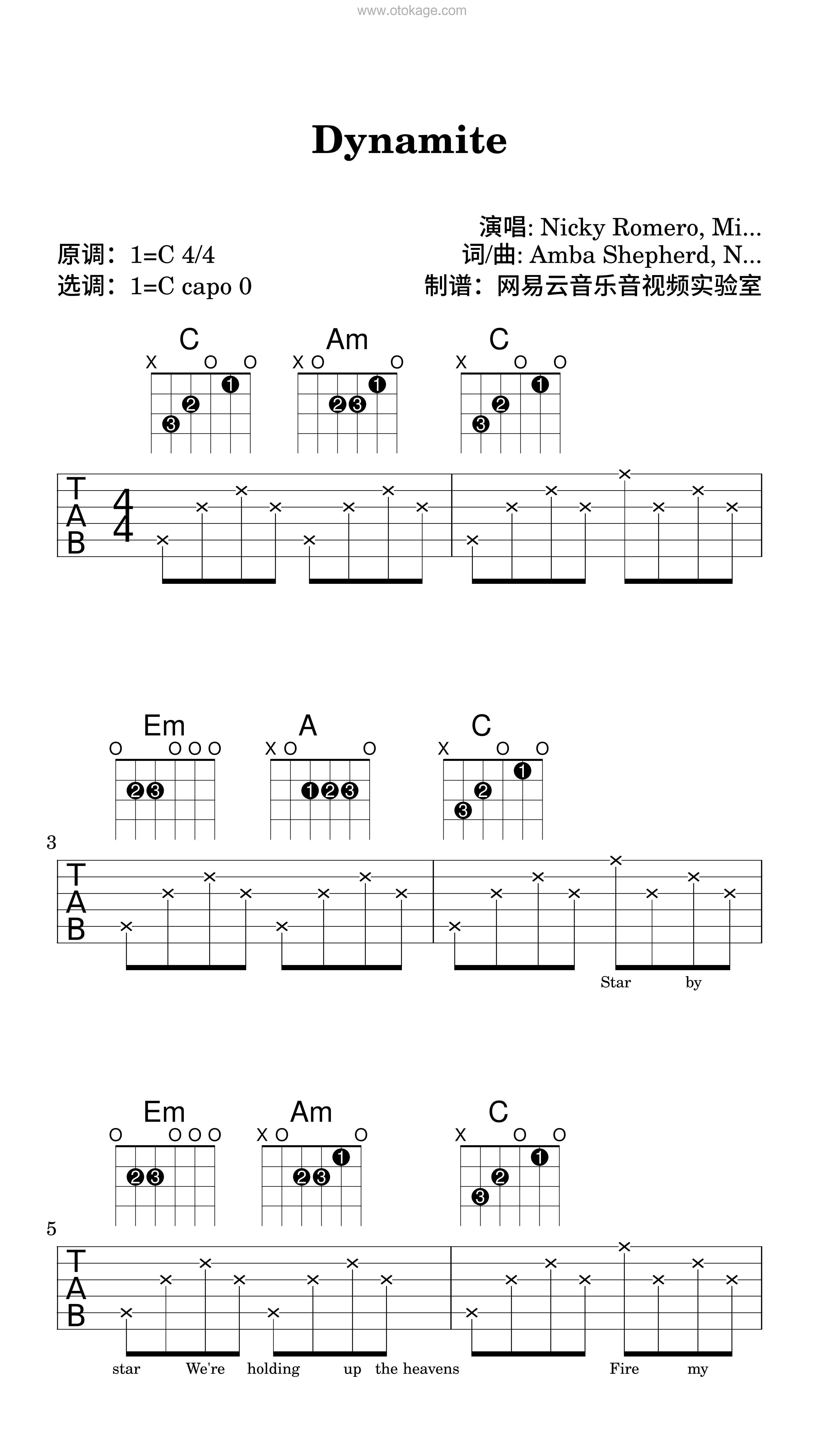 Nicky Romero,Mike Williams《Dynamite吉他谱》C调_旋律轻松愉快
