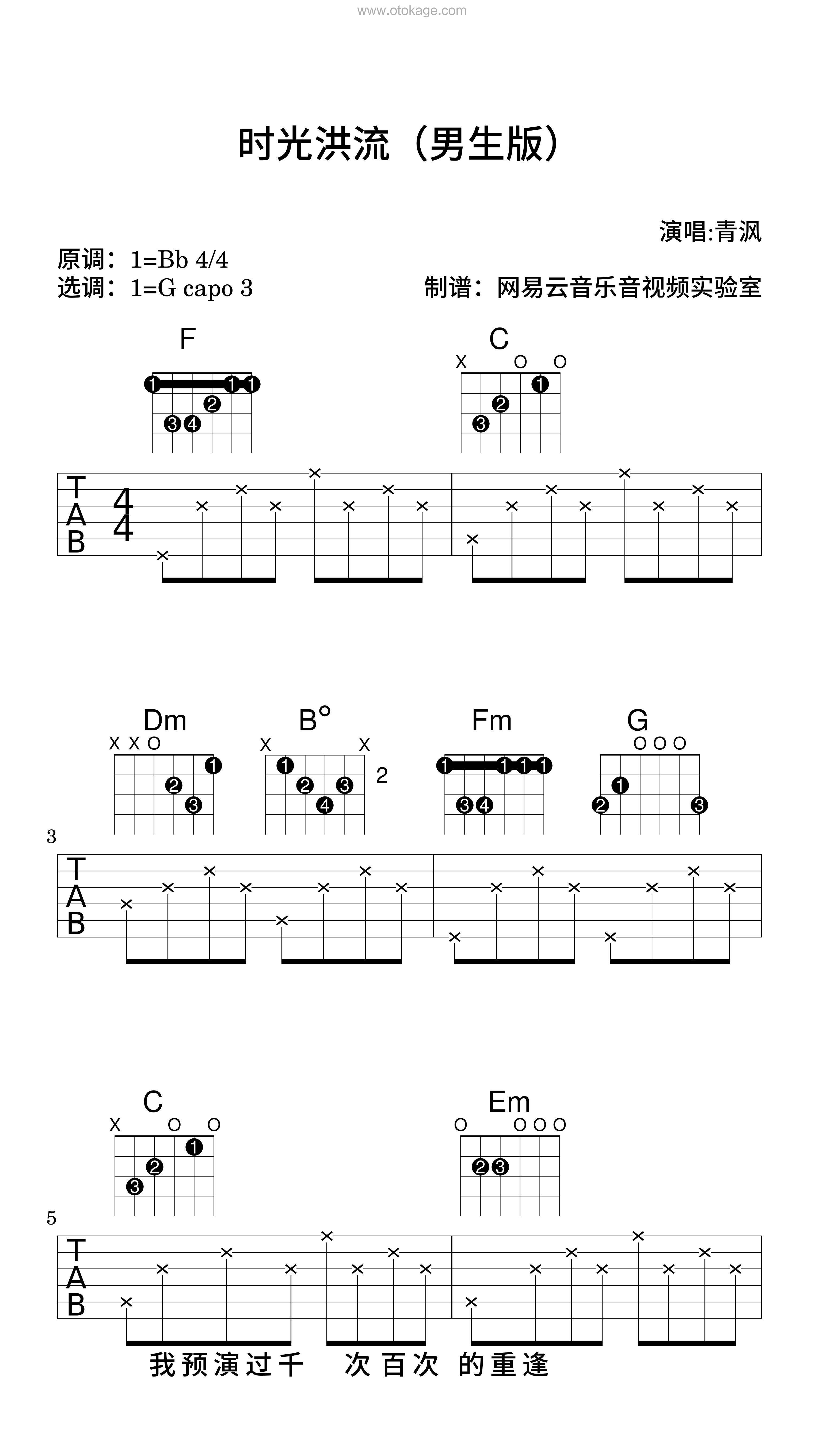青沨《时光洪流（男生版）吉他谱》降E调_编配打动人心