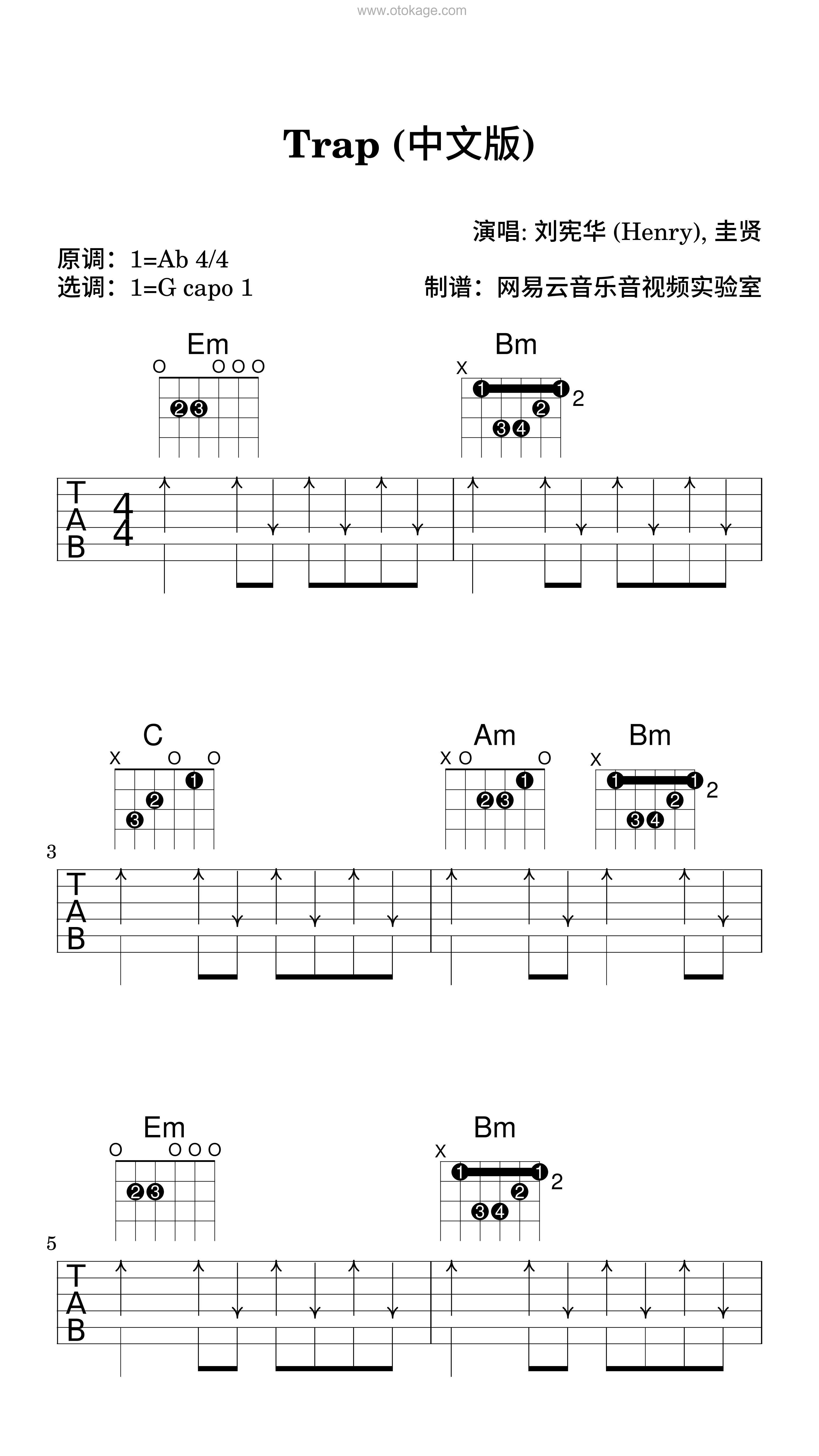 HENRY刘宪华,圭贤《Trap (中文版)吉他谱》降A调_节奏带动情绪