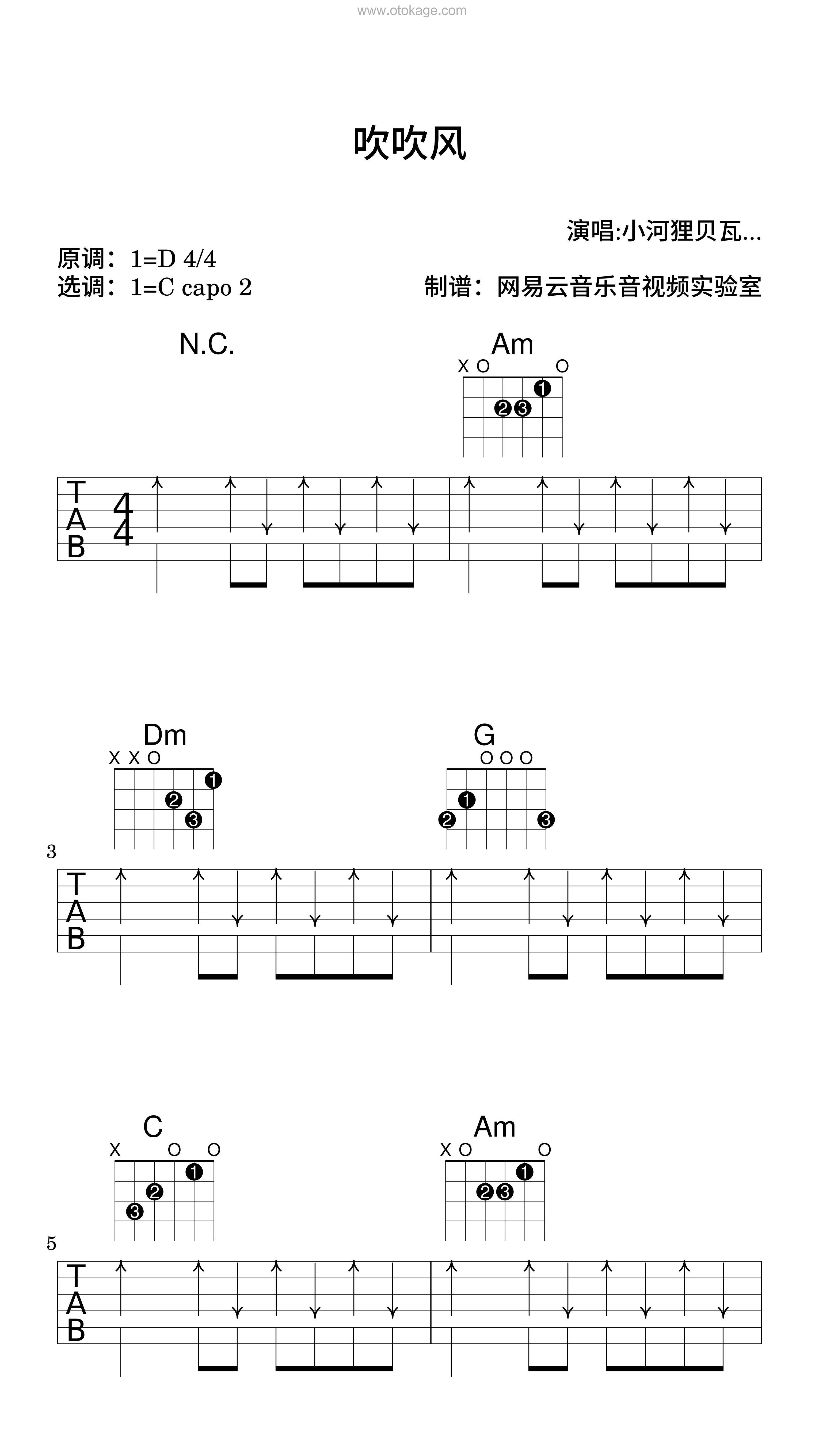 小河狸贝瓦《吹吹风吉他谱》D调_音符美得令人陶醉
