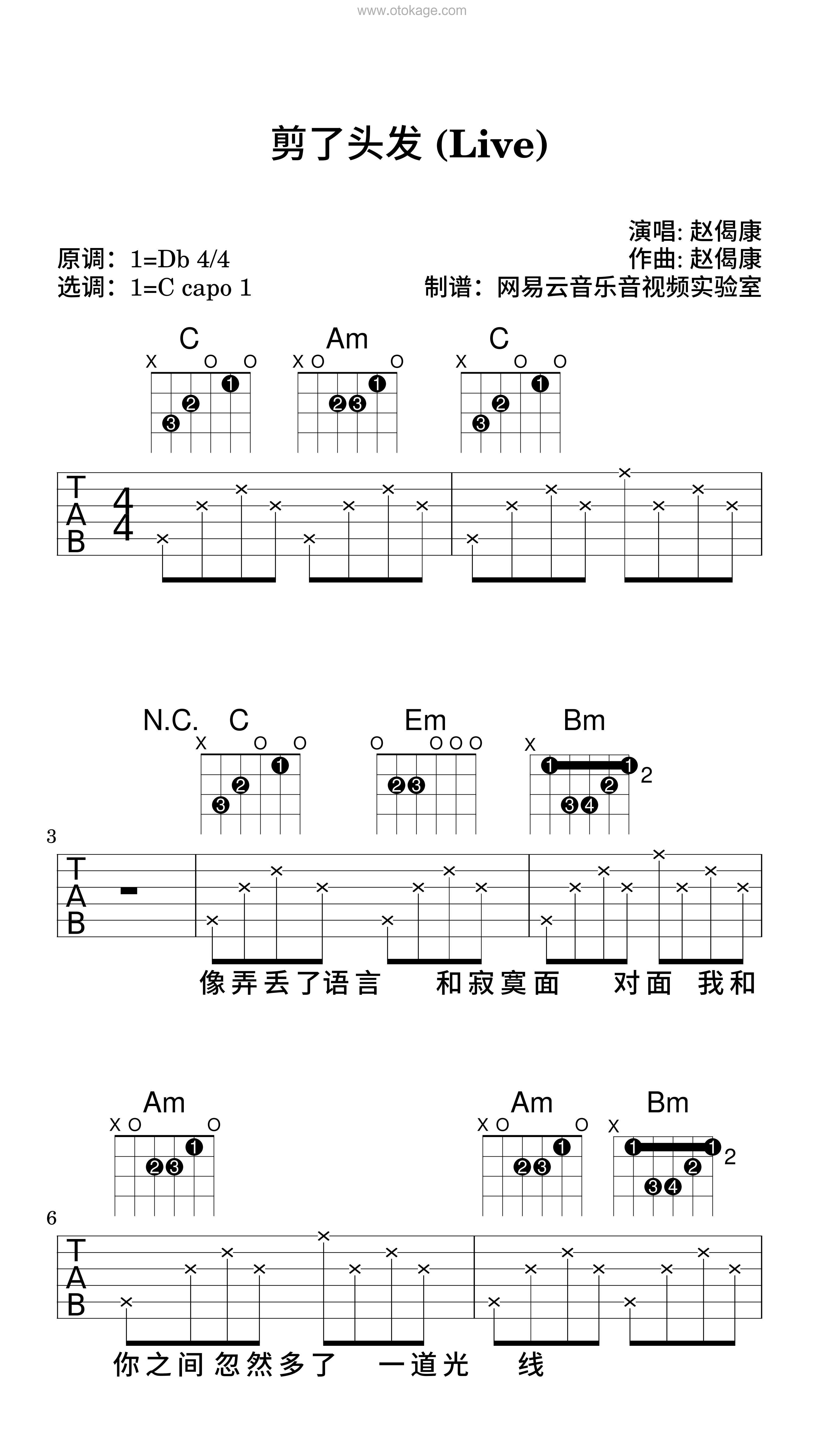 赵偈康《剪了头发 (Live)吉他谱》降D调_柔和的音色渲染