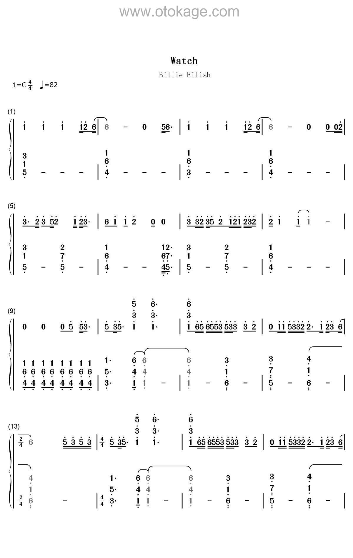 Billie Eilish《watch钢琴谱》C调_音色柔和迷人