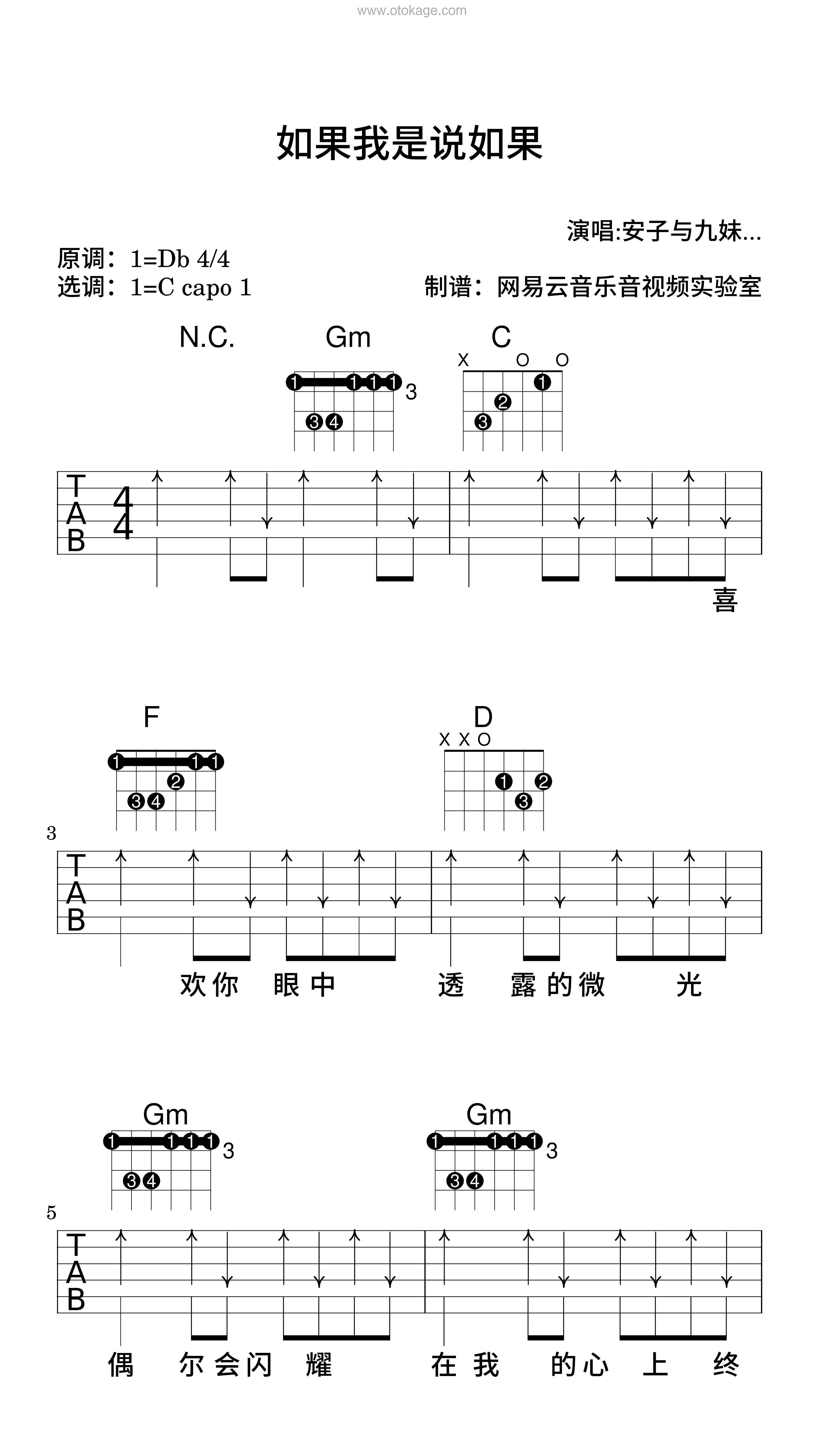 安子与九妹乐队《如果我是说如果吉他谱》降D调_旋律如诗如画