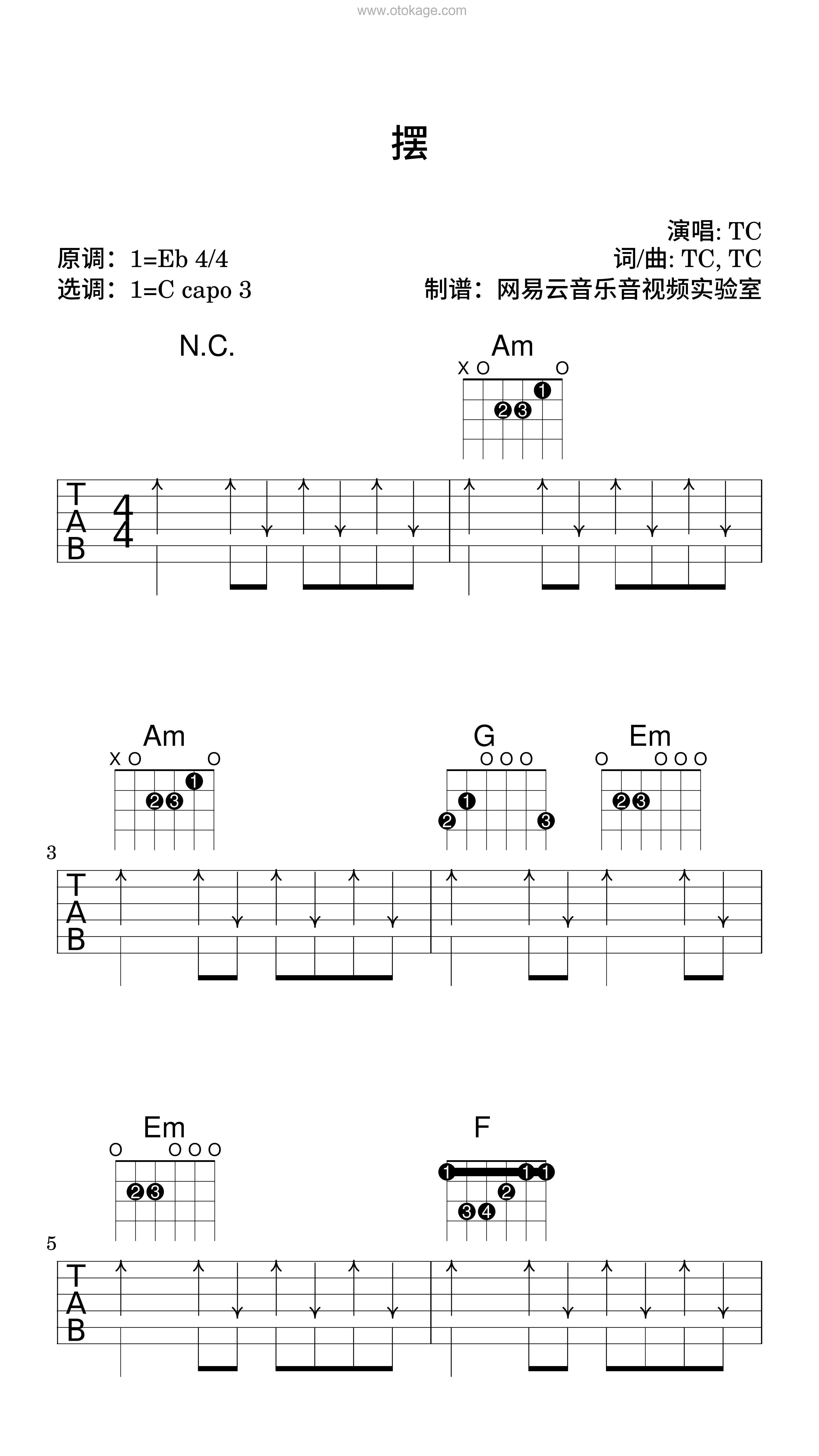 TC《摆吉他谱》降E调_完美的音乐细节