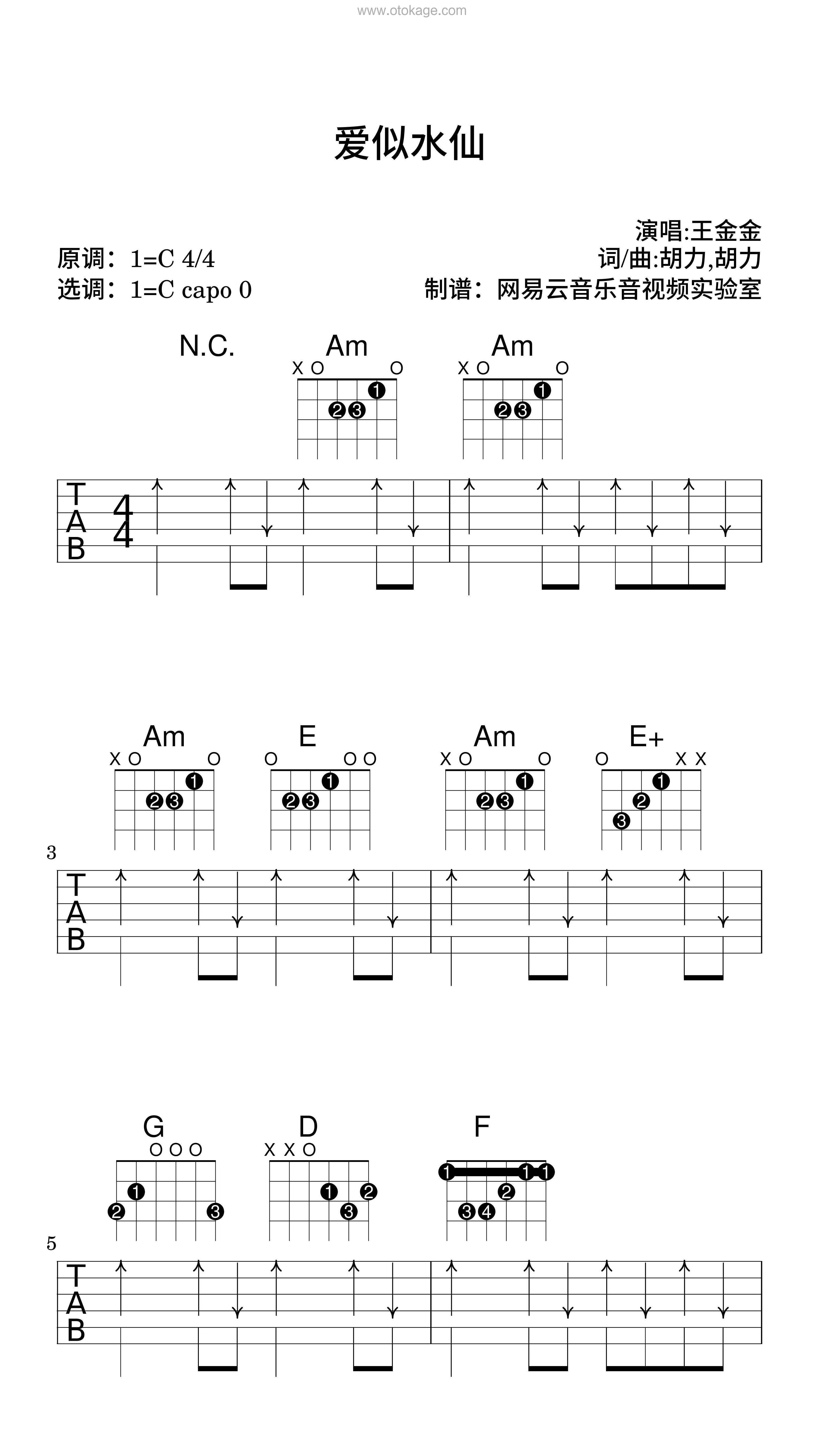 王金金《爱似水仙吉他谱》C调_旋律轻松愉快