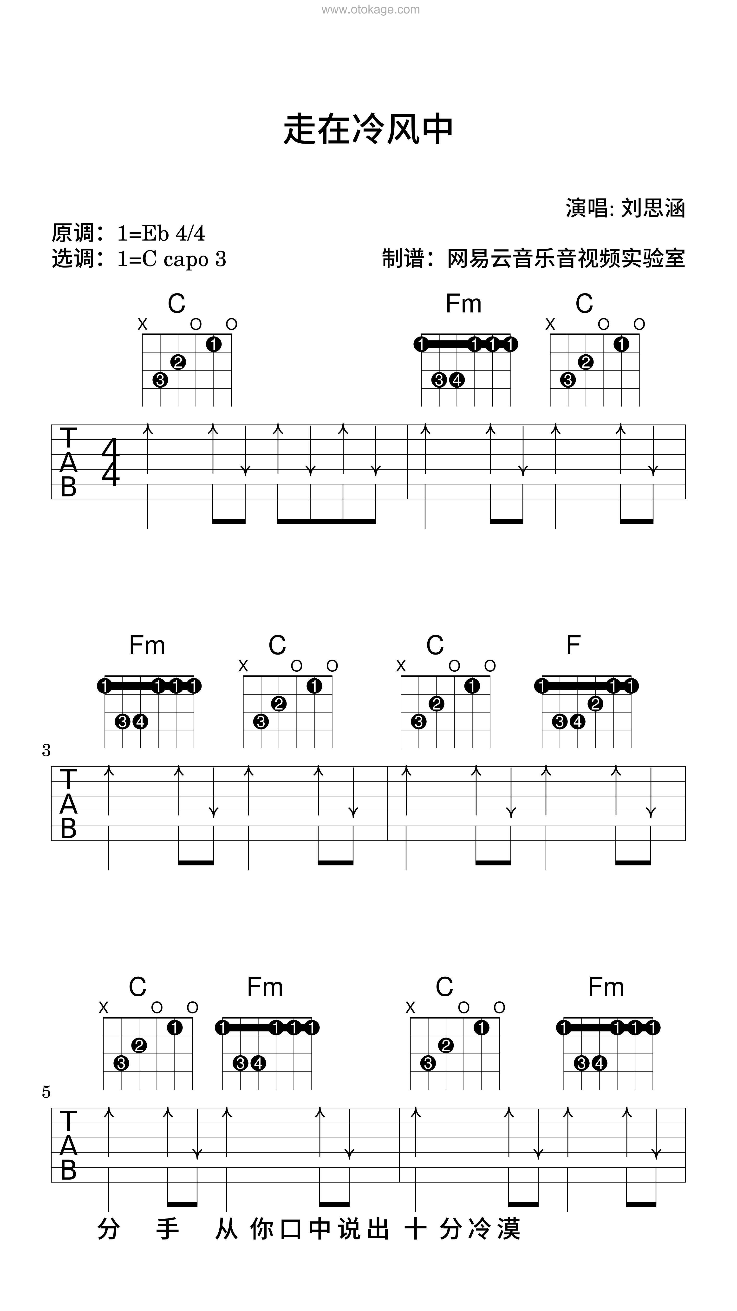 刘思涵《走在冷风中吉他谱》降E调_打动人心的旋律