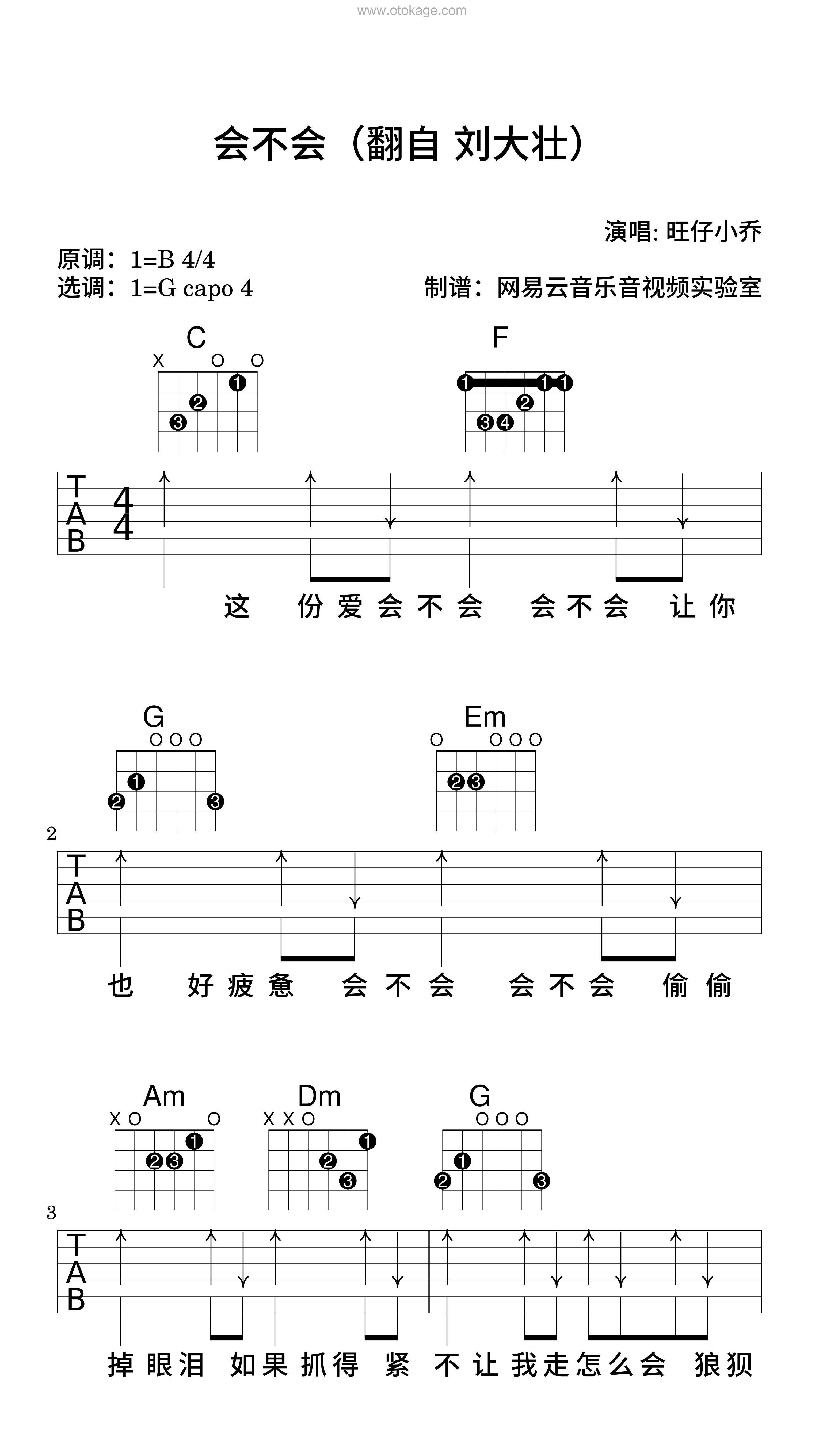 旺仔小乔《会不会（翻自 刘大壮）吉他谱》B调_旋律深情流畅