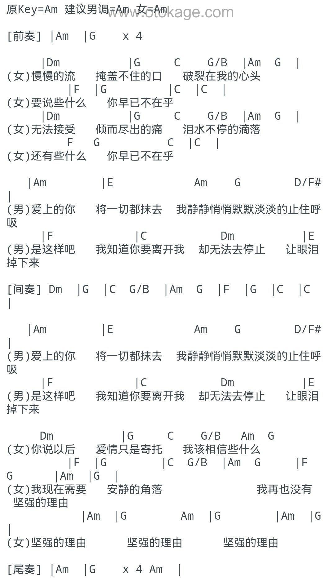 莫文蔚,伍佰《坚强的理由吉他谱》A调_柔和的音色渲染