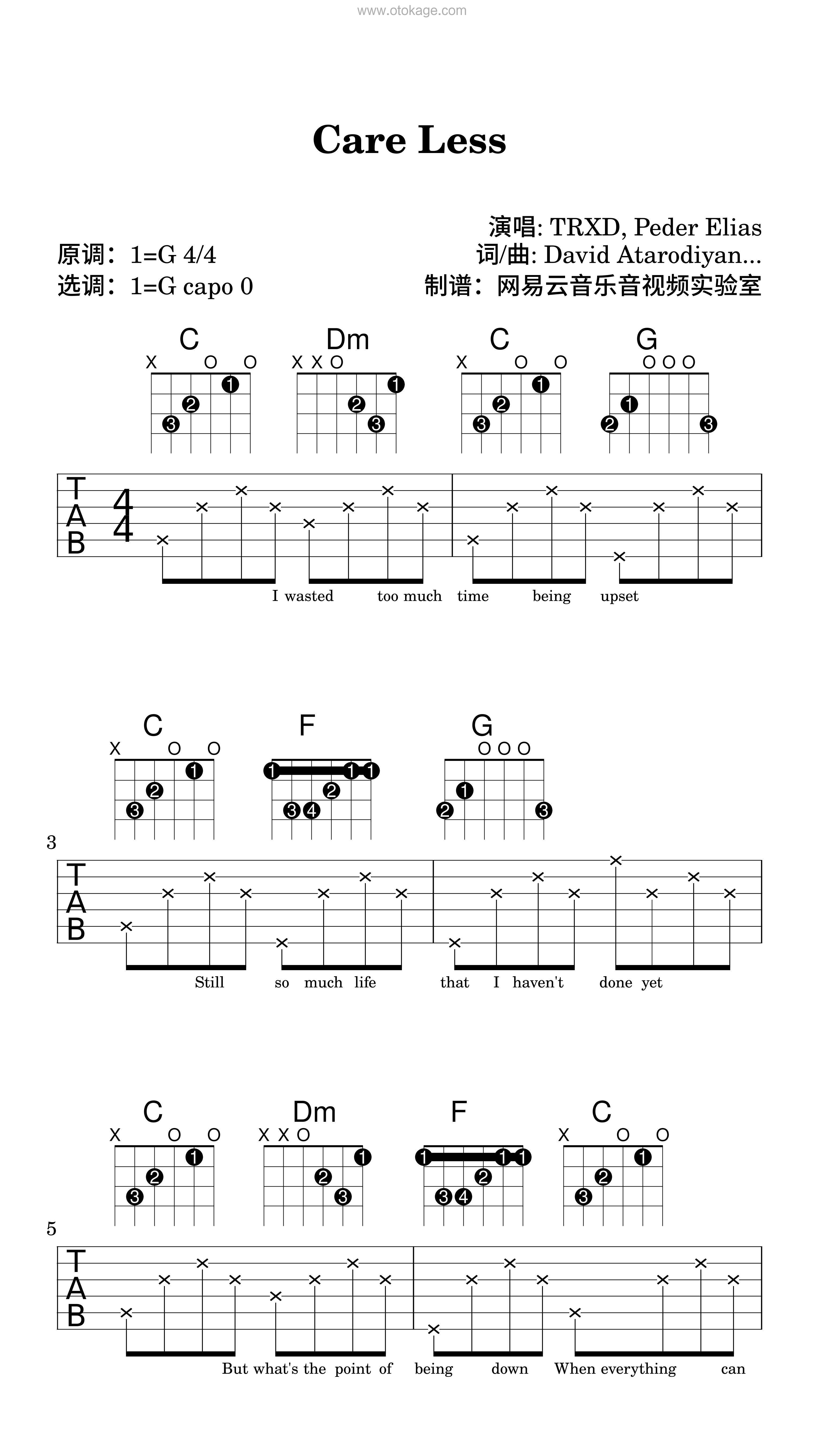 TRXD,Peder Elias《Care Less吉他谱》G调_节奏感强而轻盈