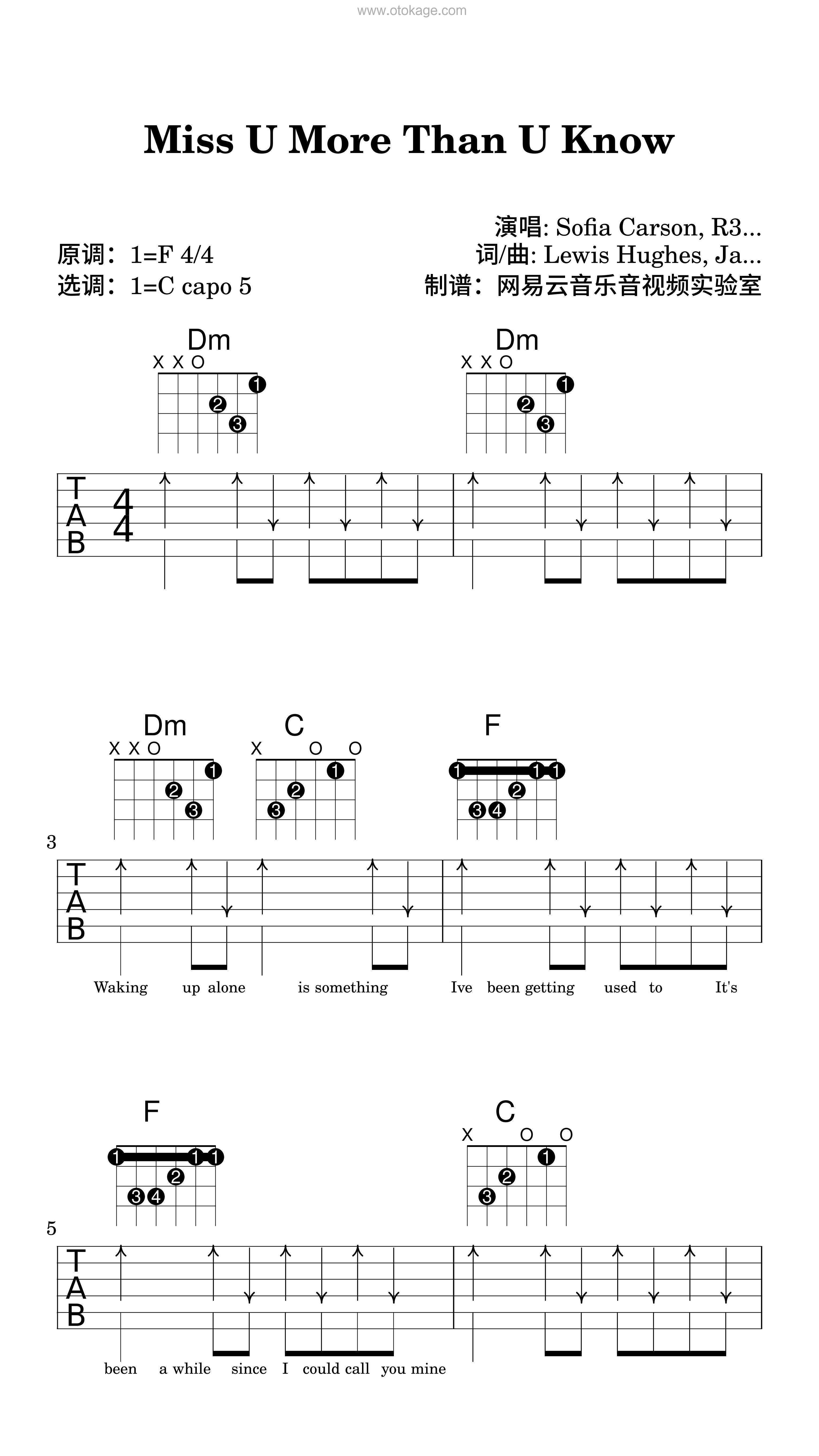 Sofia Carson,R3HAB《Miss U More Than U Know吉他谱》F调_音乐沁人心扉