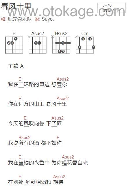 鹿先森乐队《春风十里吉他谱》E调_节奏激发情感共鸣