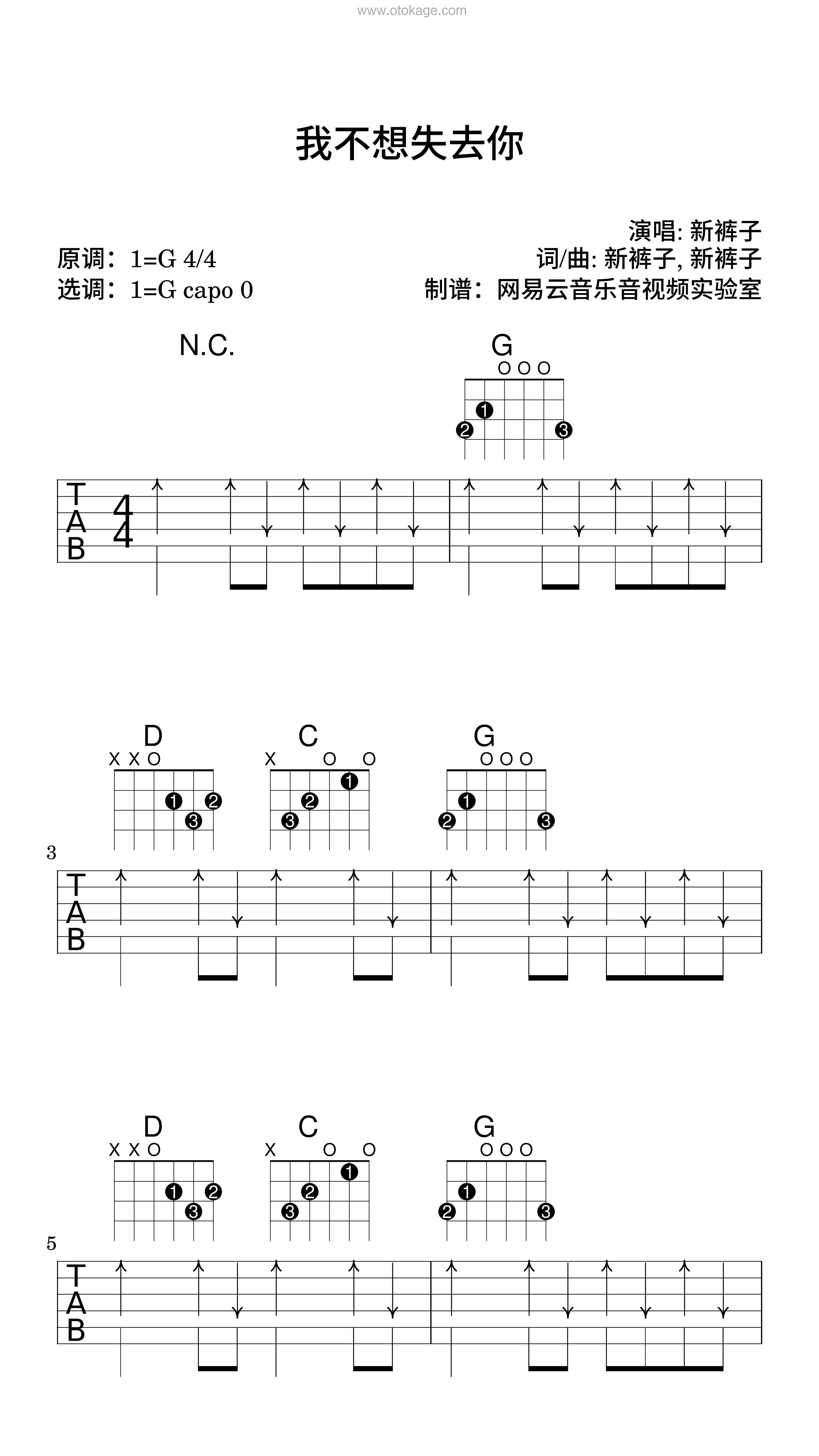 新裤子《我不想失去你吉他谱》G调_编配细致入微