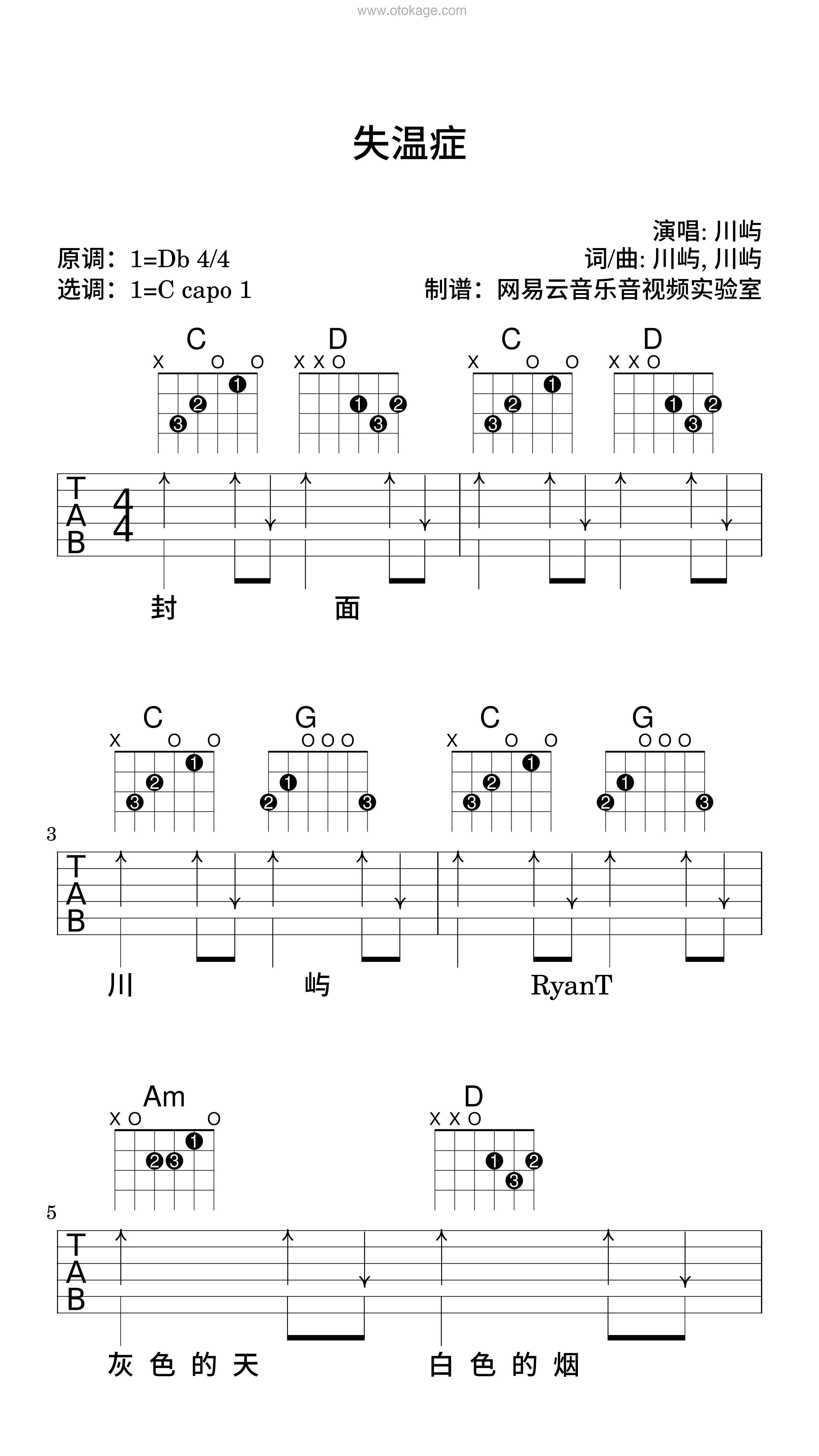 川屿《失温症吉他谱》降D调_打动人心的旋律