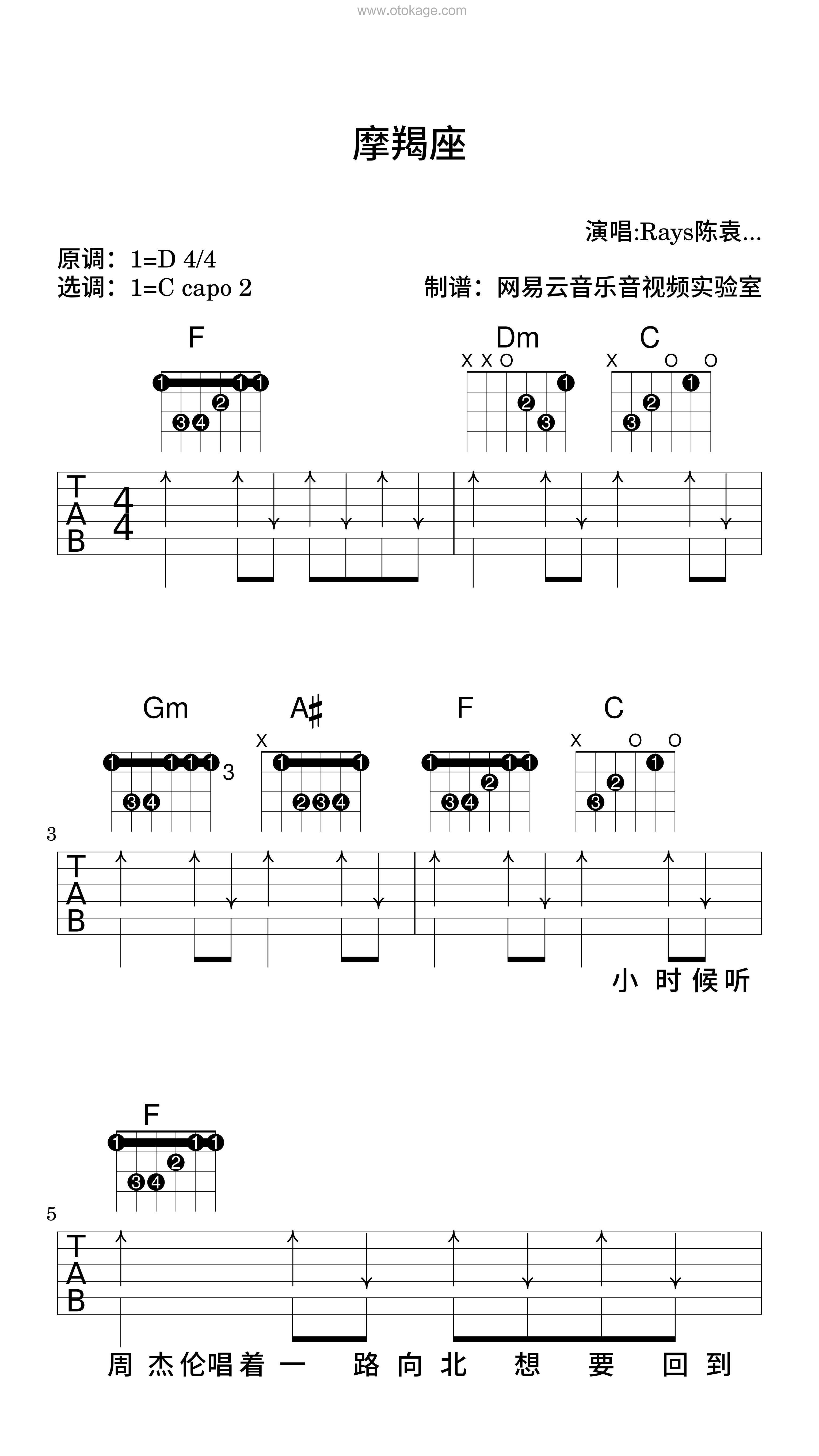 Rays《摩羯座吉他谱》D调_旋律感人肺腑