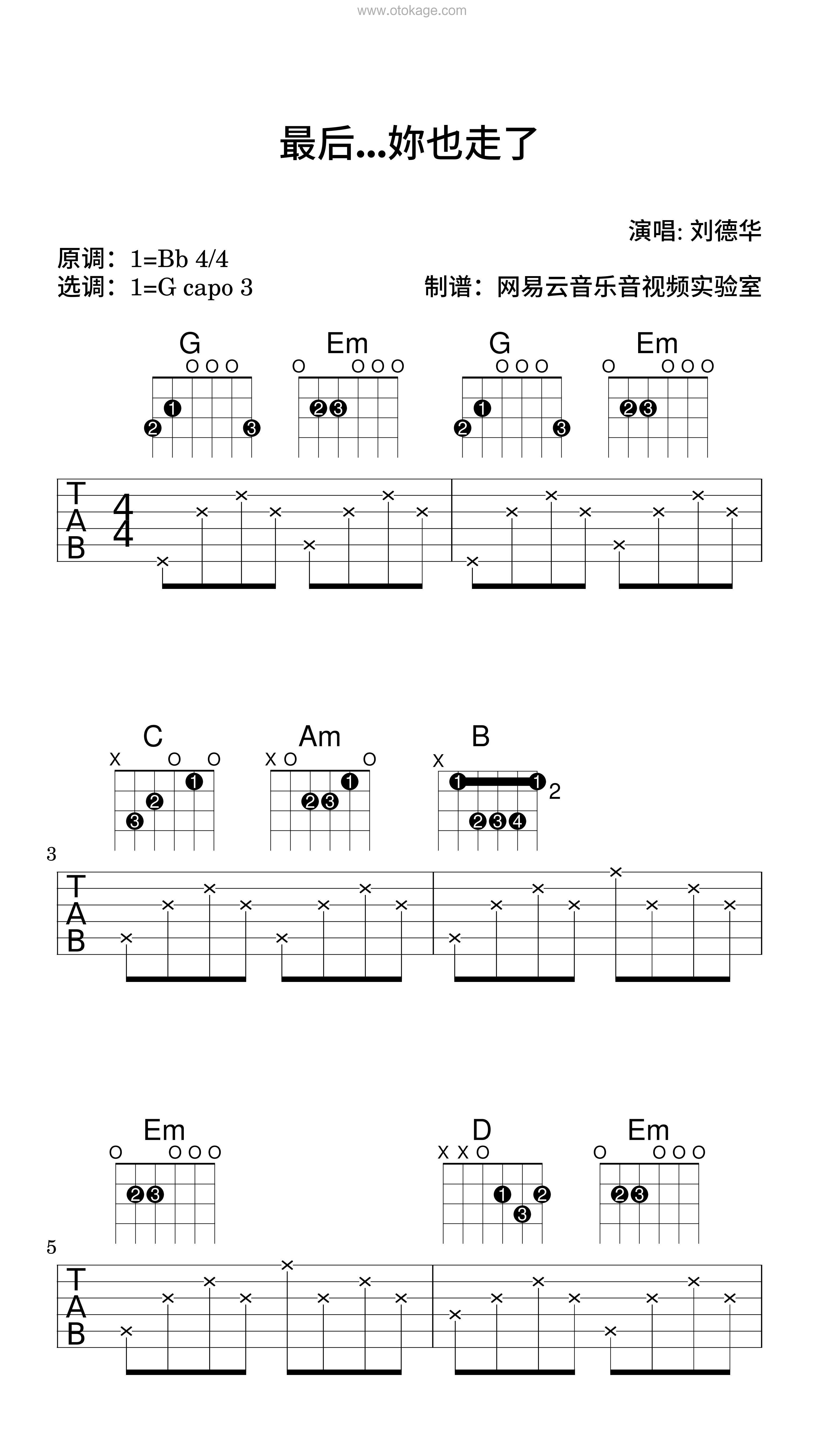 刘德华《最后...妳也走了吉他谱》降B调_音符串联情感