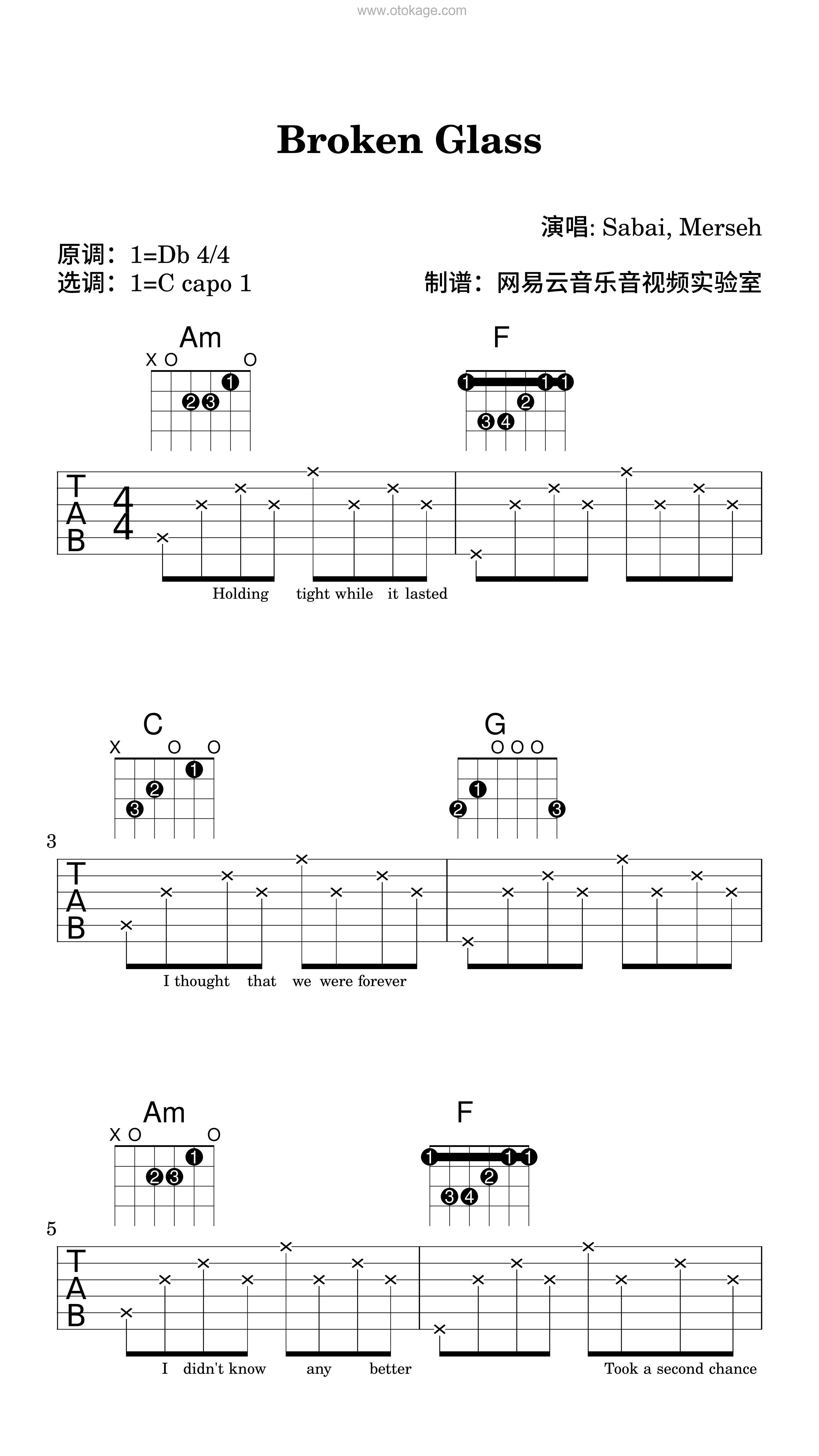 SABAI,Merseh《Broken Glass吉他谱》降D调_旋律宁静优美