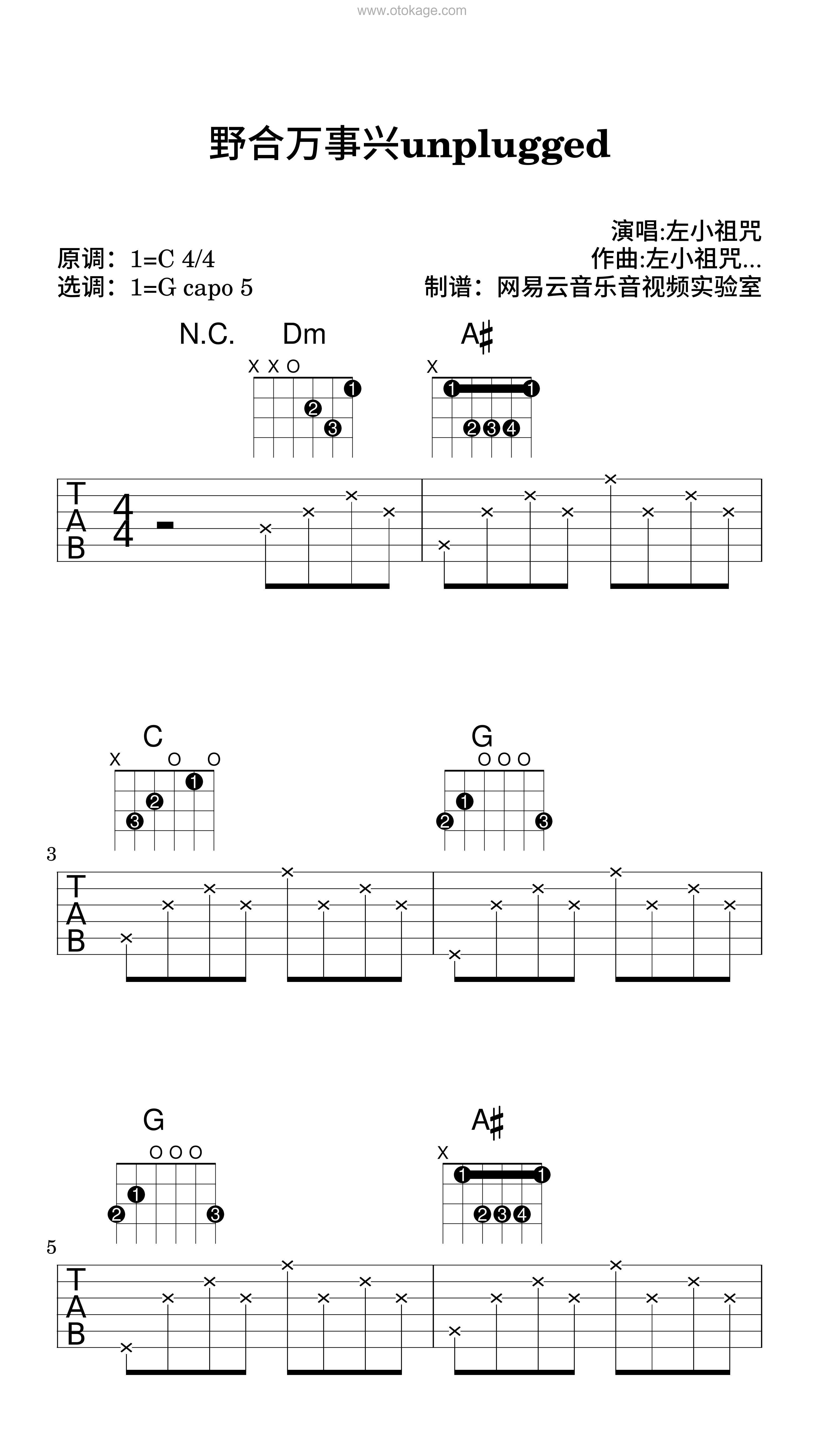 左小祖咒《野合万事兴 unplugged吉他谱》C调_编配打动人心