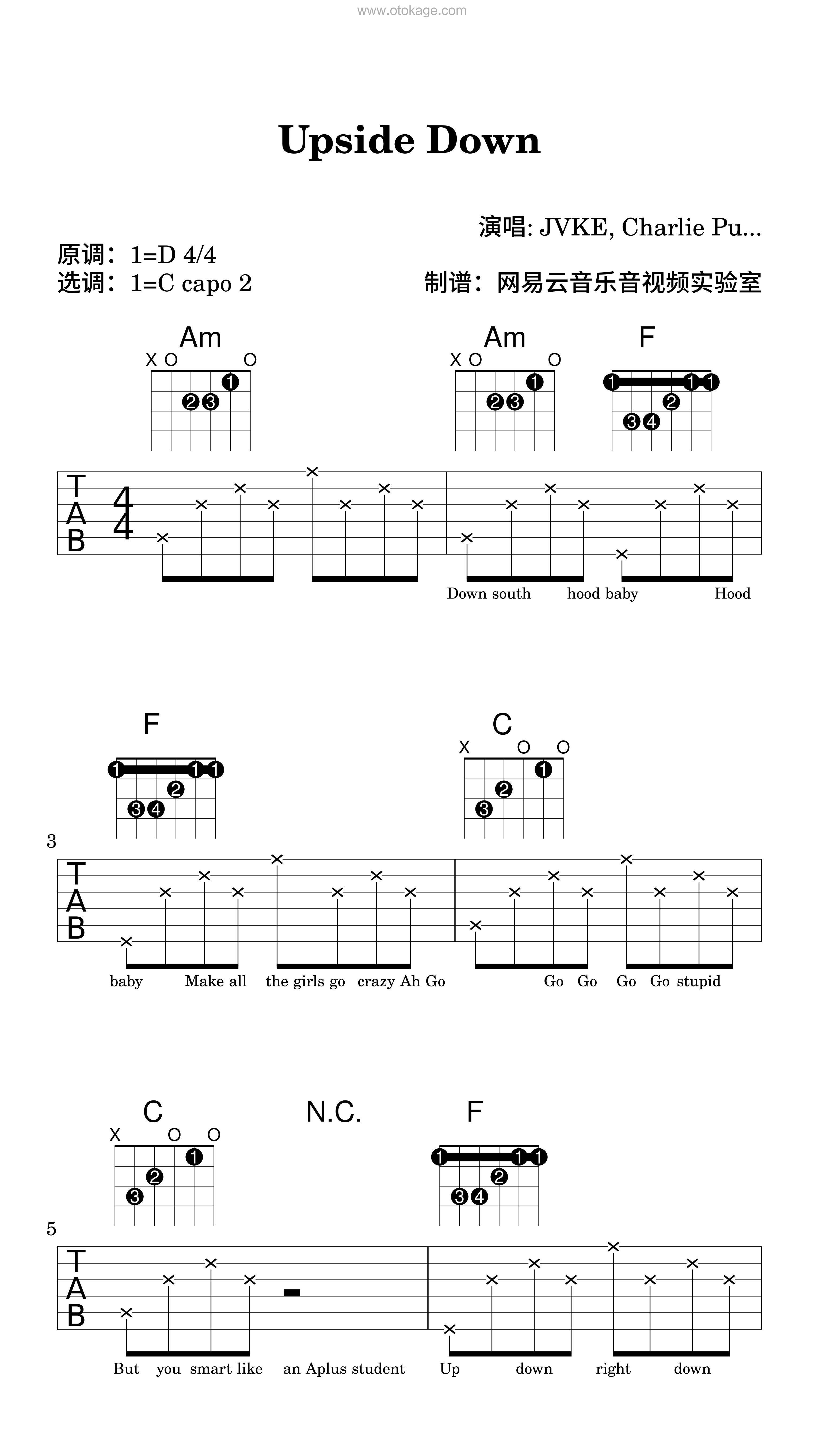 JVKE,Charlie Puth《Upside Down吉他谱》D调_旋律轻松愉快