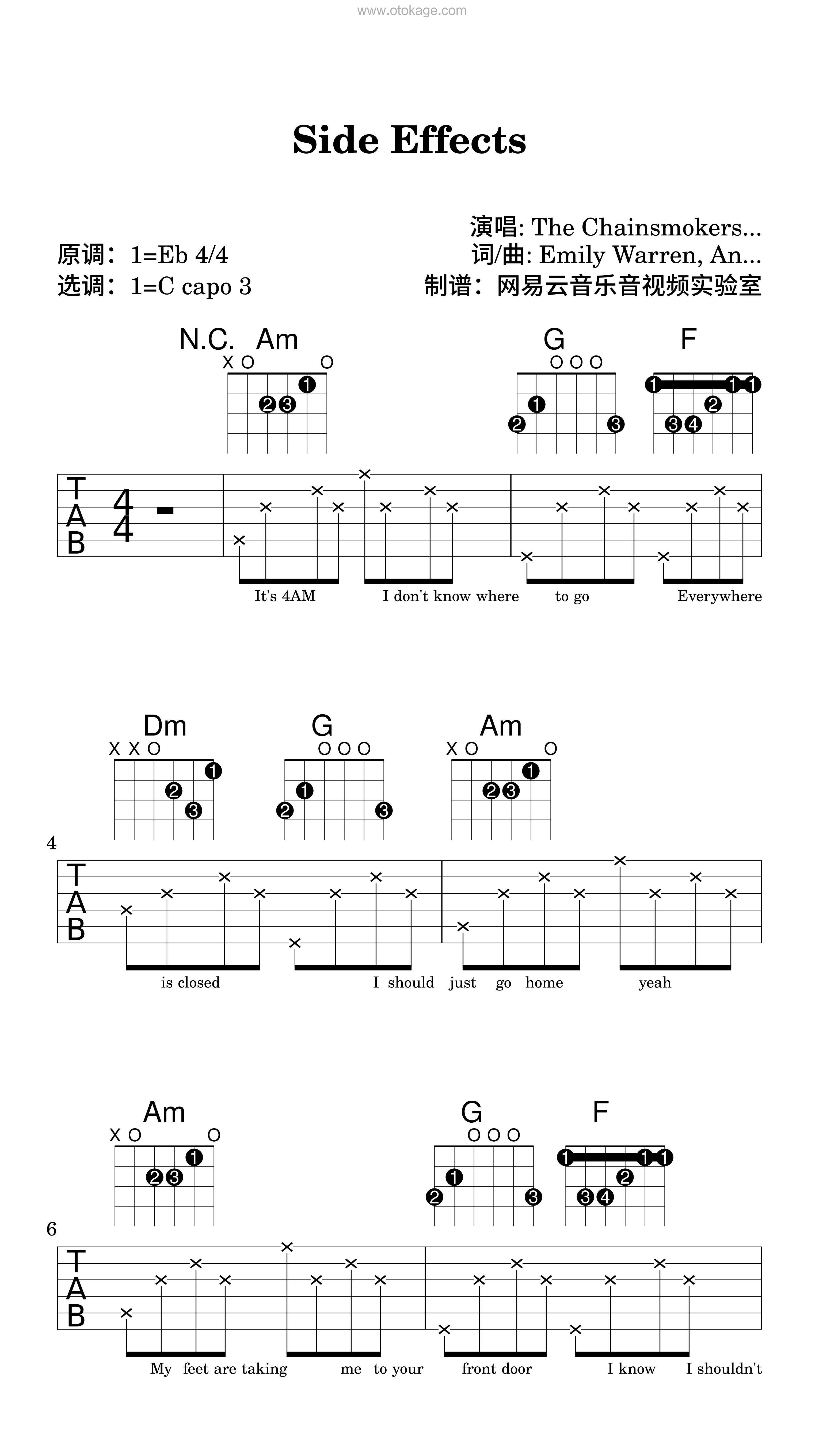 The Chainsmokers,Emily Warren《Side Effects吉他谱》降E调_编配精致感人