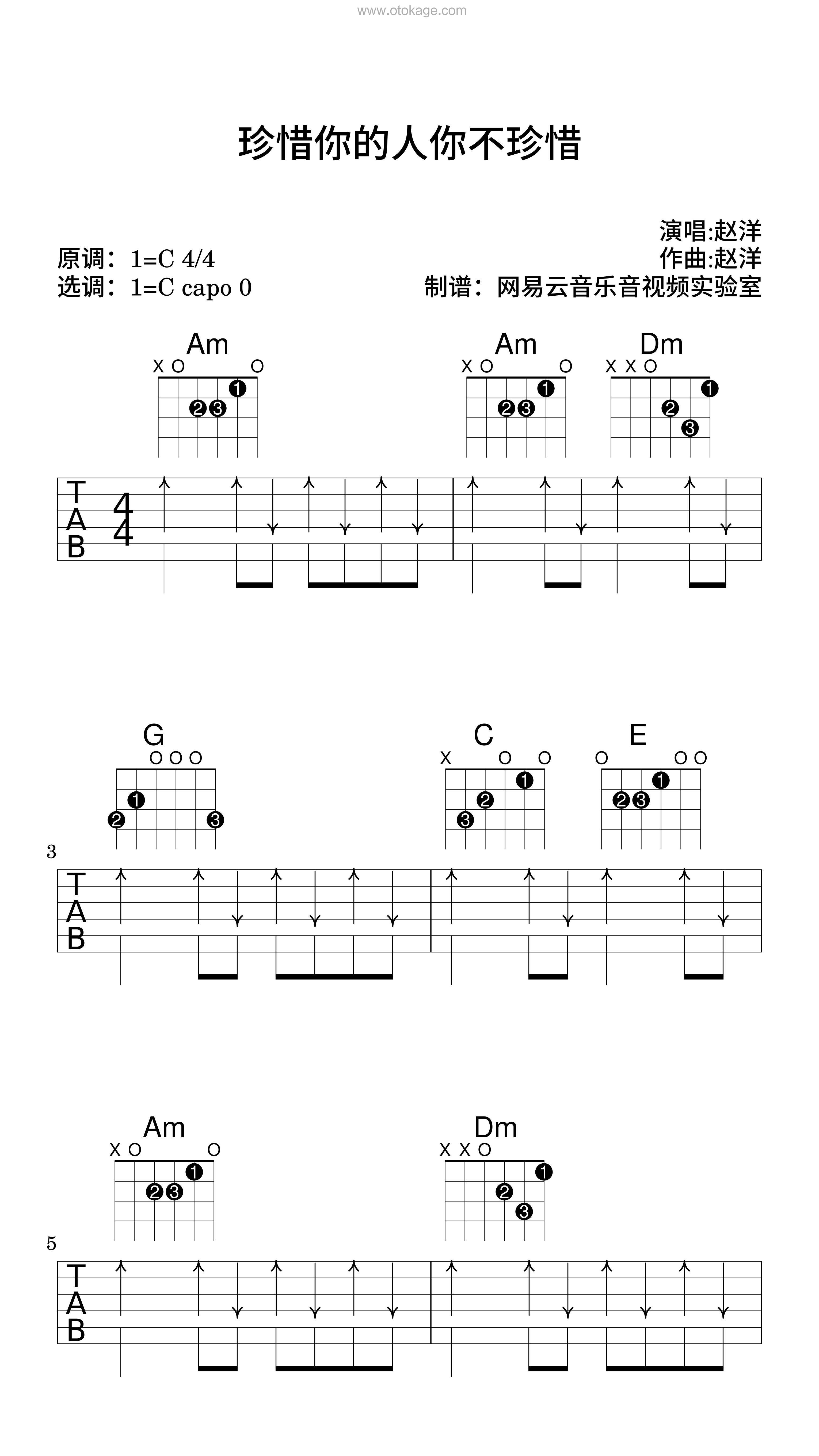 赵洋《珍惜你的人你不珍惜吉他谱》C调_音乐纯净感人
