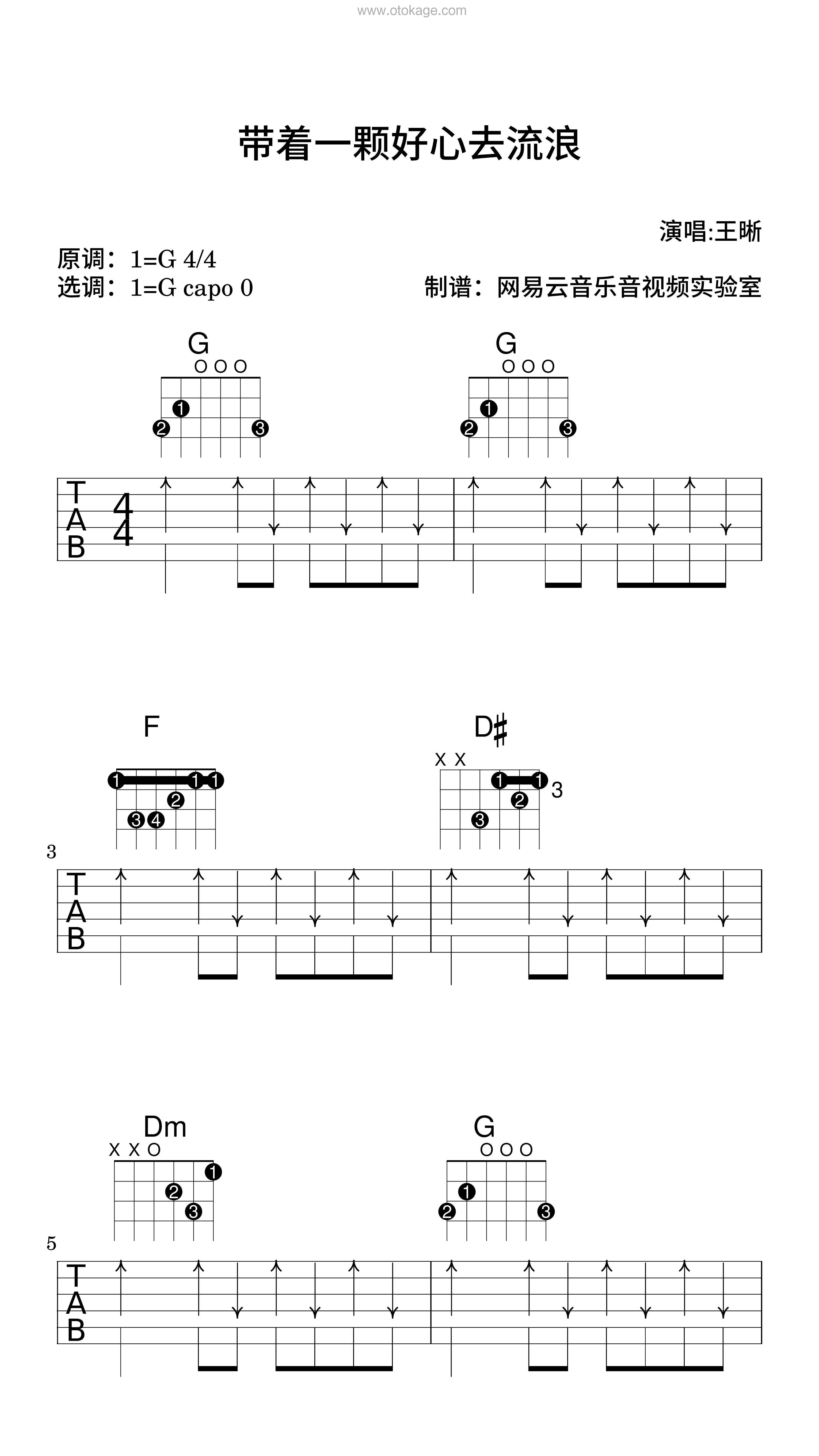 王晰《带着一颗好心去流浪吉他谱》G调_编配打动人心