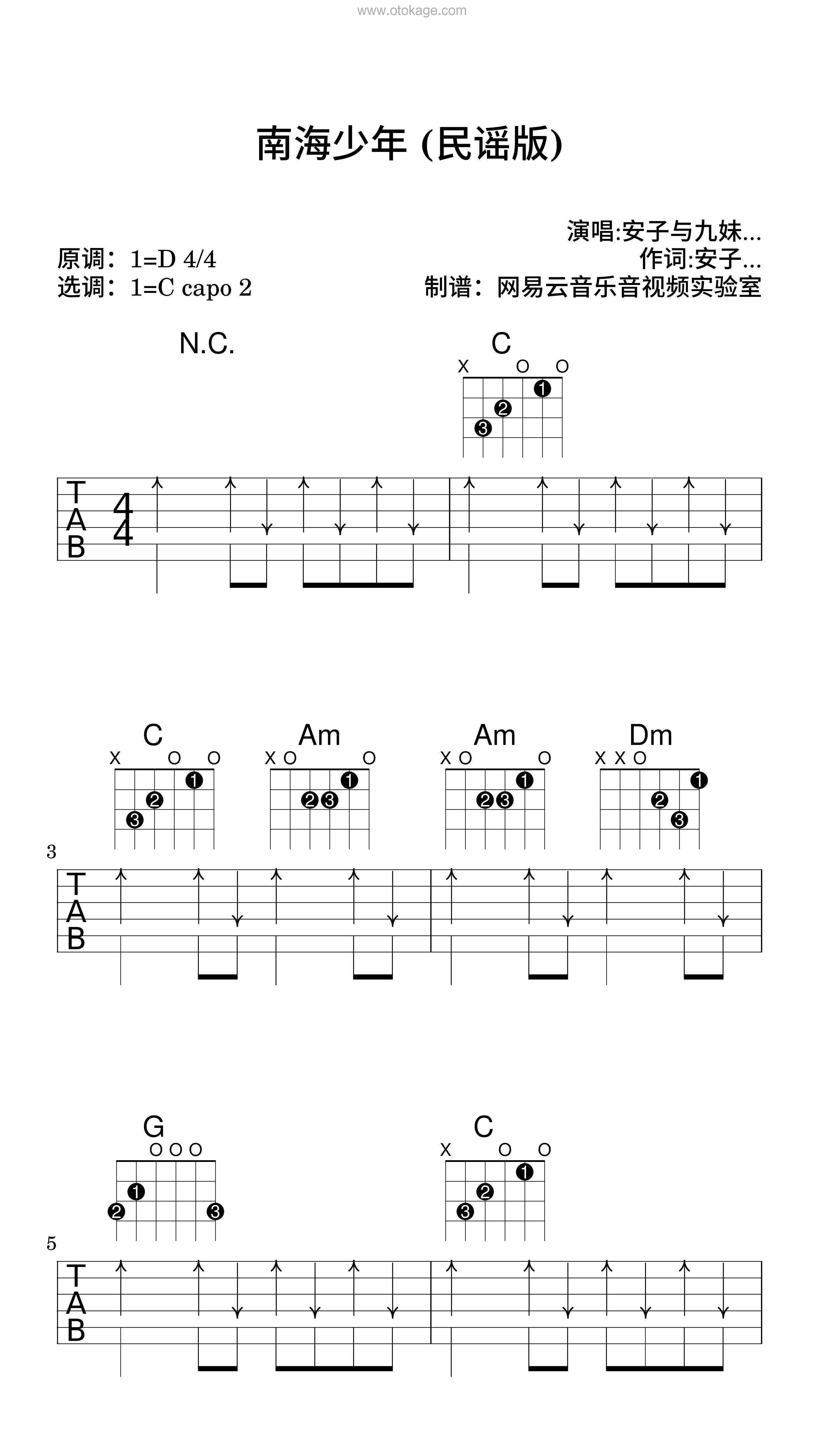 安子与九妹乐队《南海少年 (民谣版)吉他谱》D调_旋律宁静优美