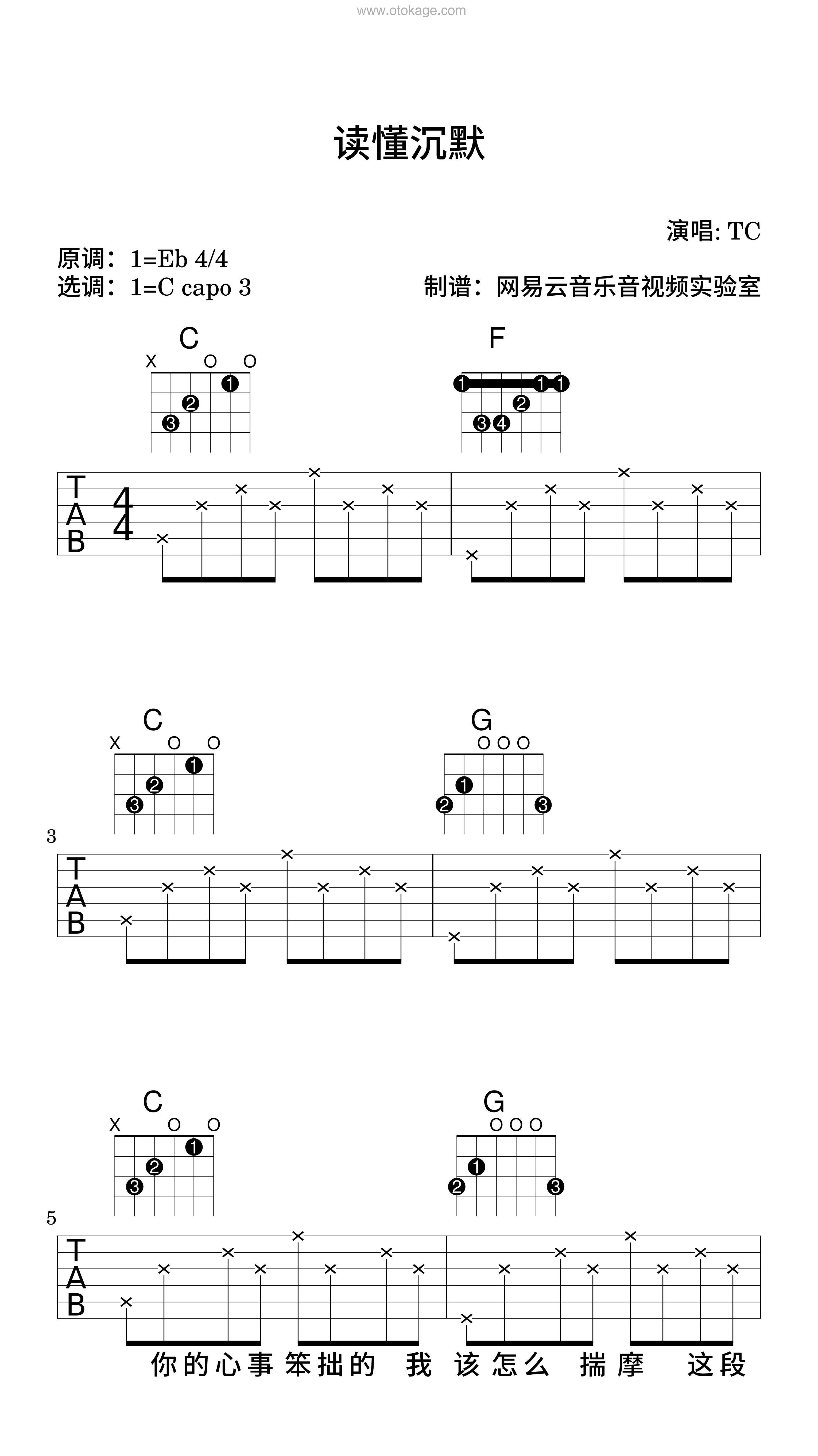 TC《读懂沉默吉他谱》降E调_旋律感人至极