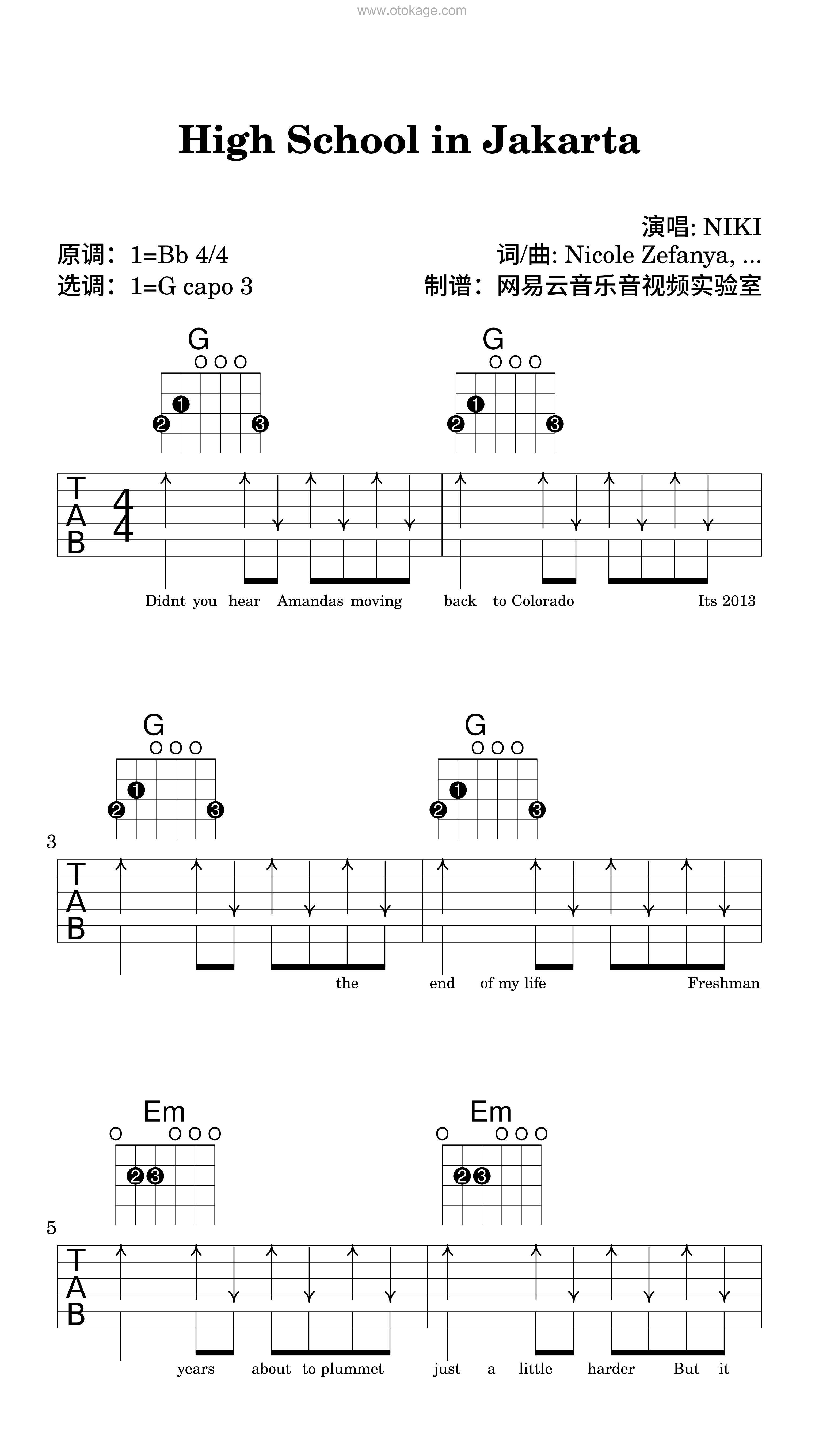NIKI《High School in Jakarta吉他谱》降B调_旋律轻松愉快