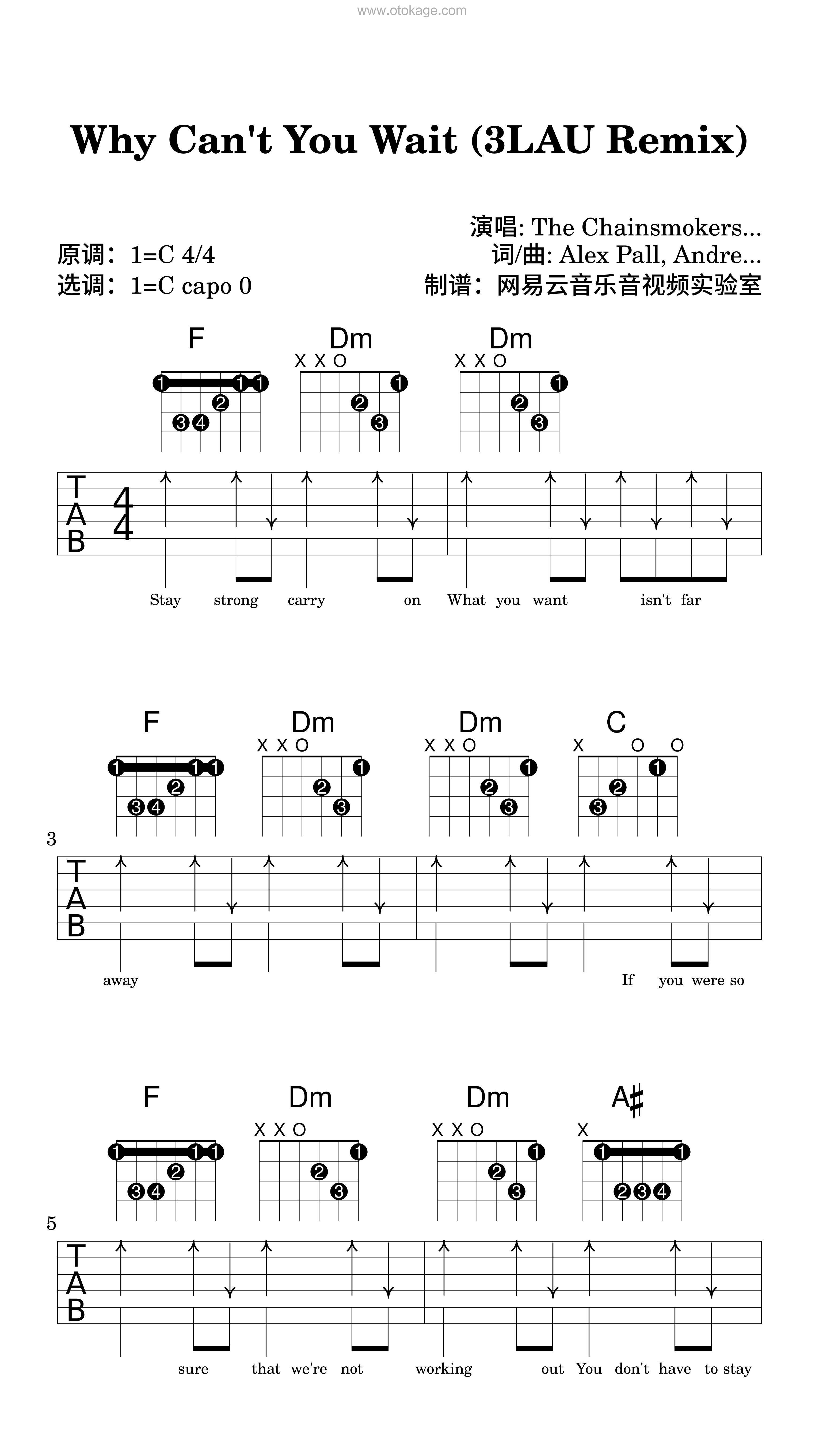 The Chainsmokers,Bob Moses《Why Can't You Wait (3LAU Remix)吉他谱》C调_旋律空灵飘逸