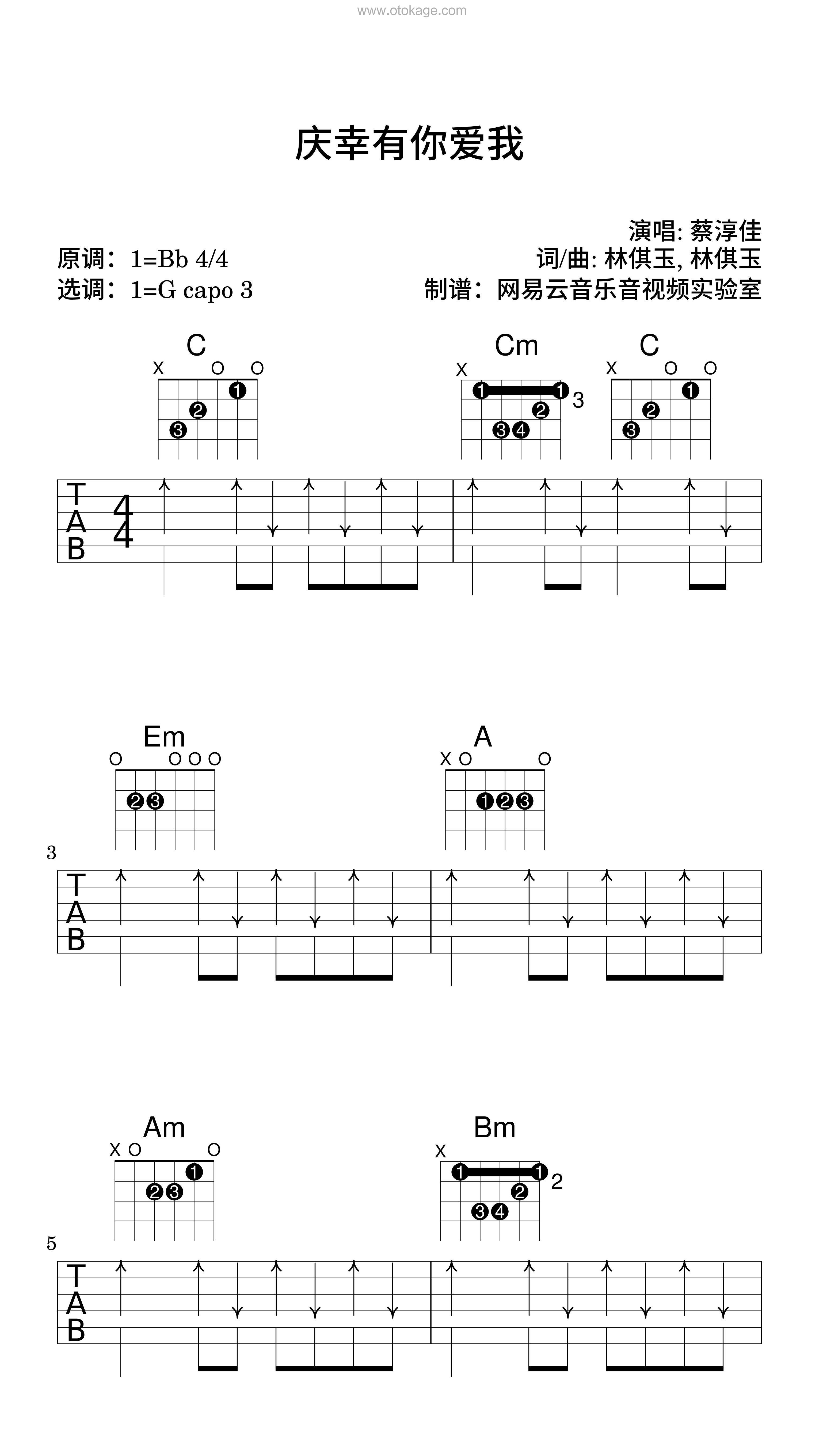 蔡淳佳《庆幸有你爱我吉他谱》降B调_音符轻柔抚慰心灵