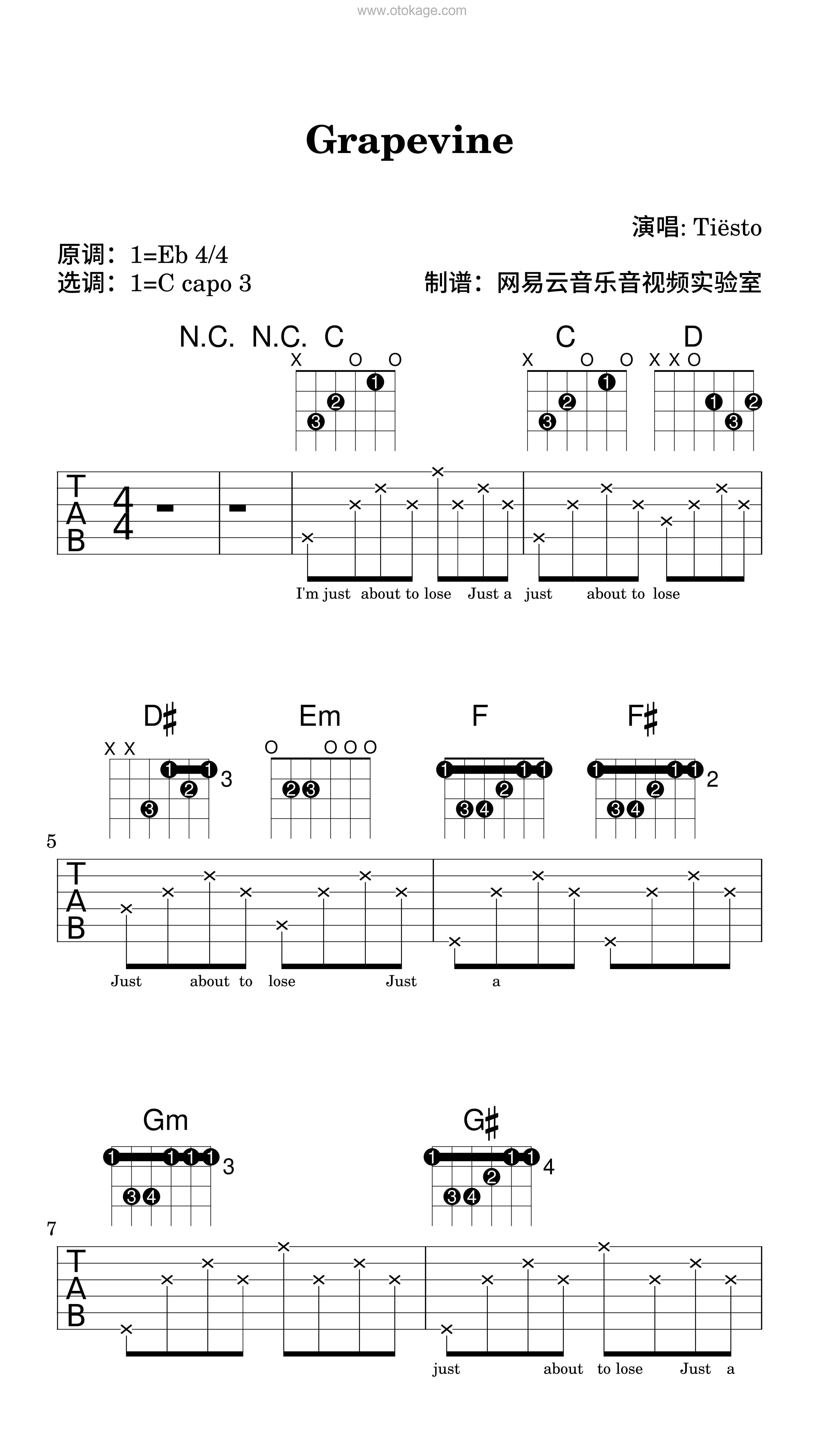 Tiësto《Grapevine吉他谱》降E调_编配细致入微