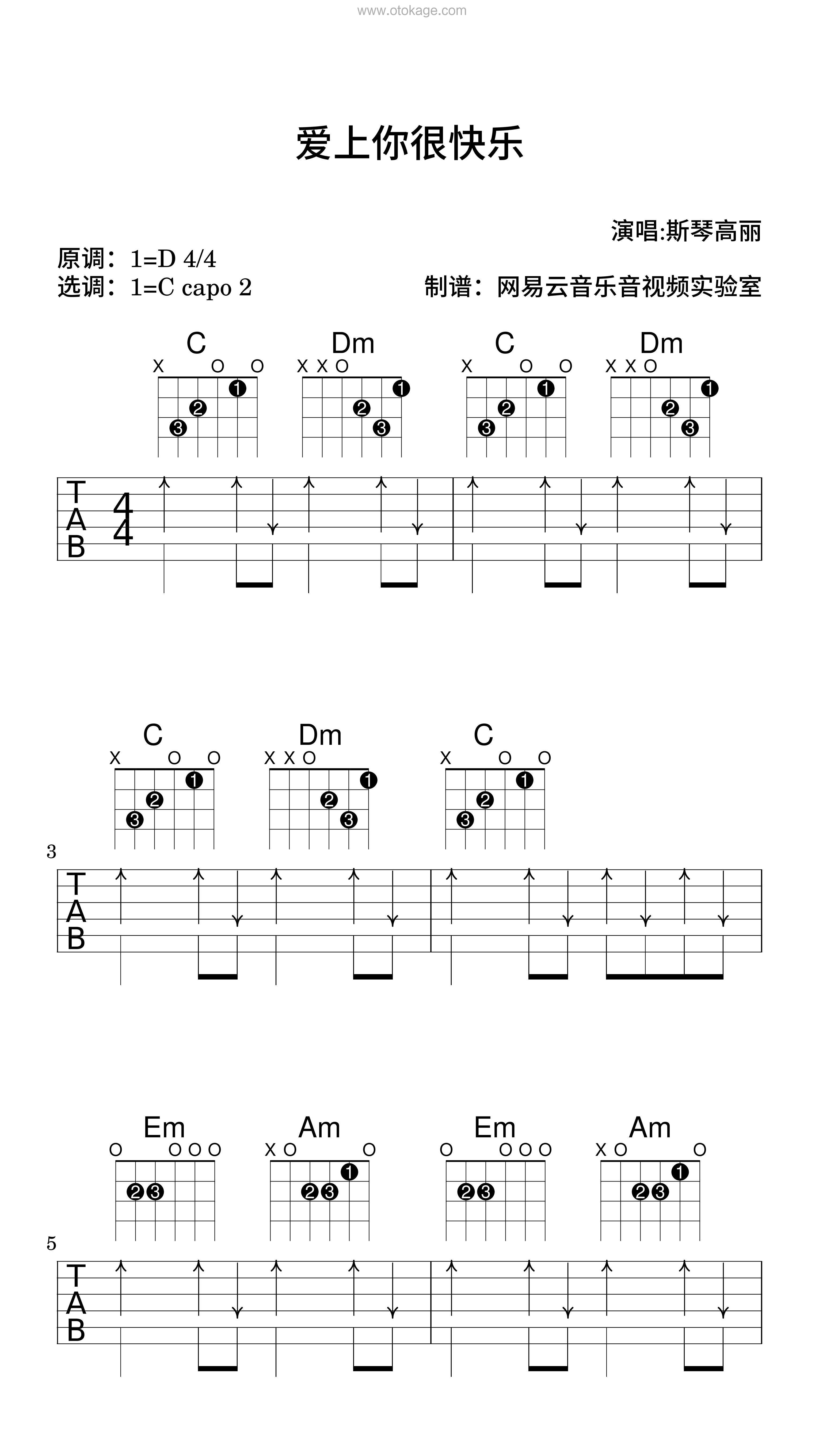 斯琴高丽《爱上你很快乐吉他谱》D调_音符带着感情跳动