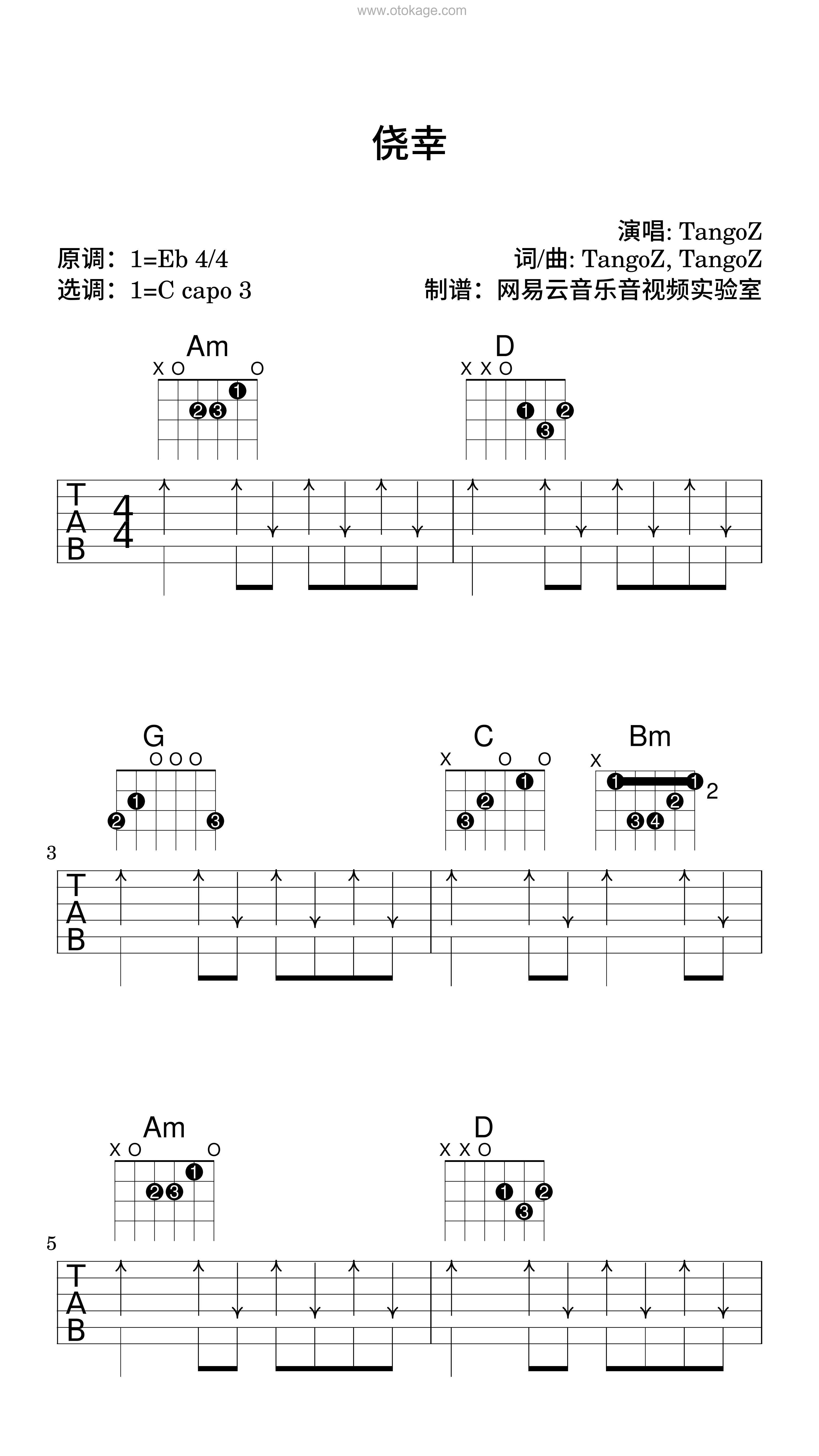 TangoZ《侥幸吉他谱》降E调_编曲大气磅礴