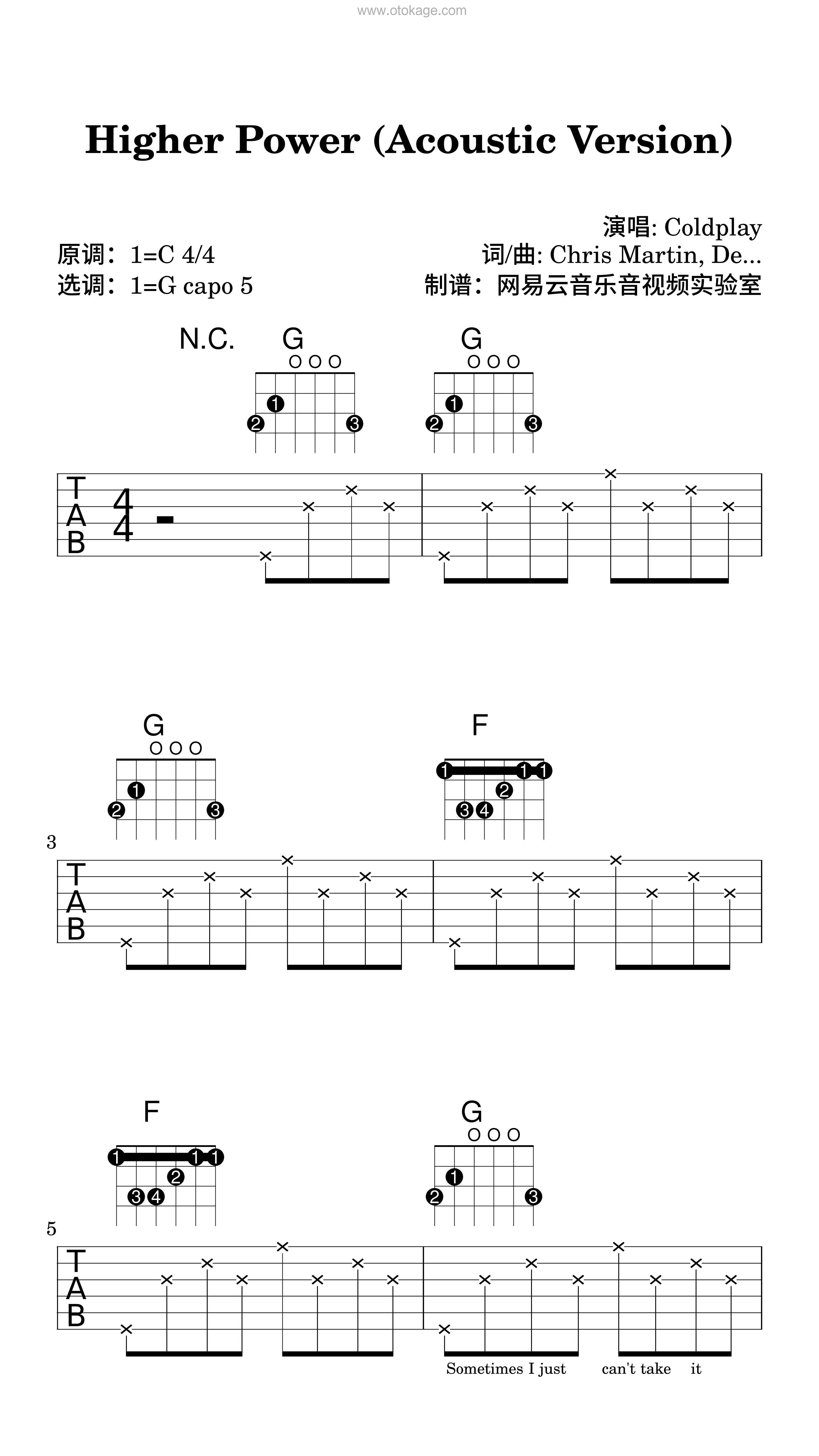 Coldplay《Higher Power (Acoustic Version)吉他谱》C调_极致的音乐享受