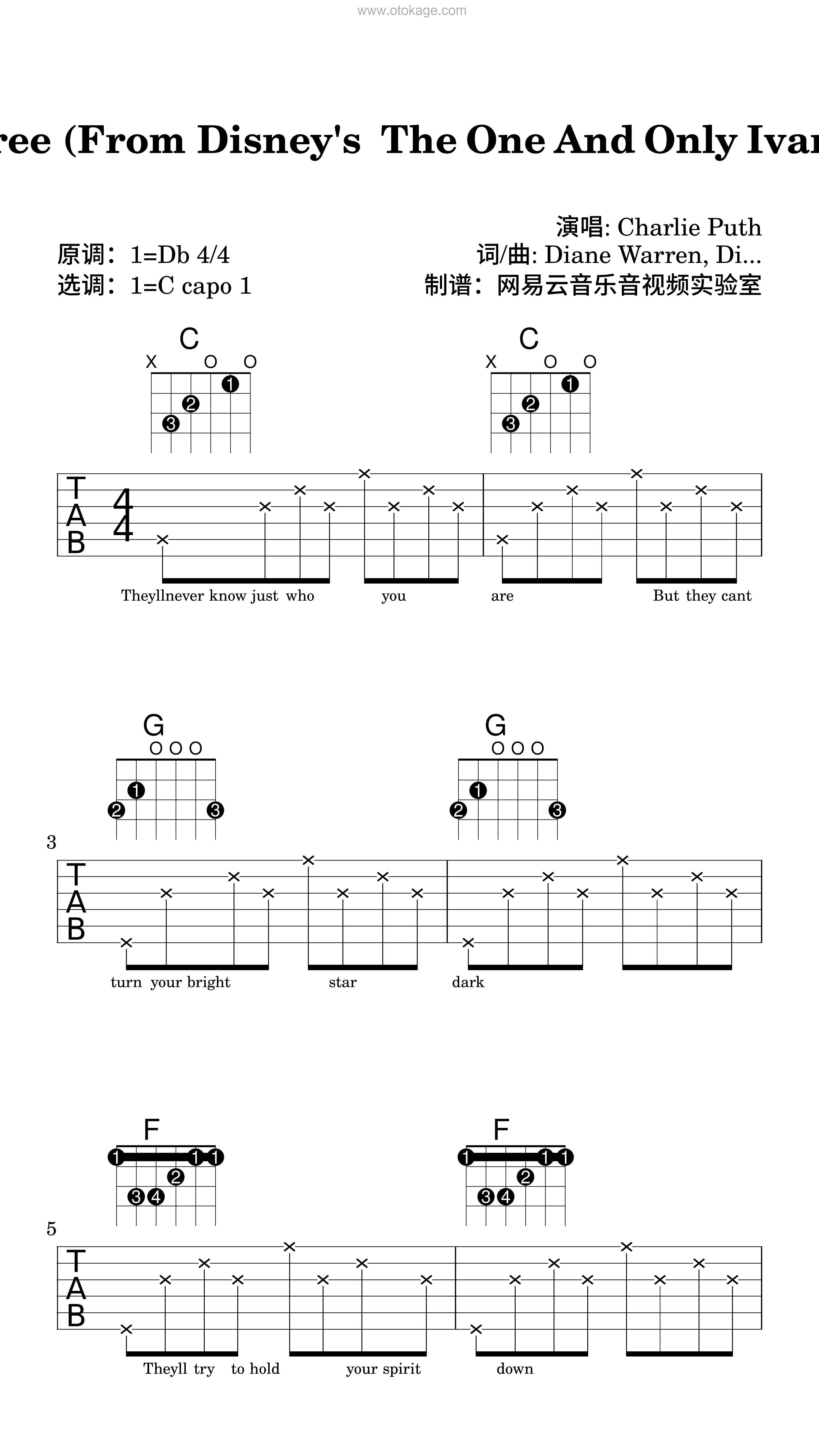 Charlie Puth《Free (From Disney's "The One And Only Ivan")吉他谱》降D调_编曲大气磅礴
