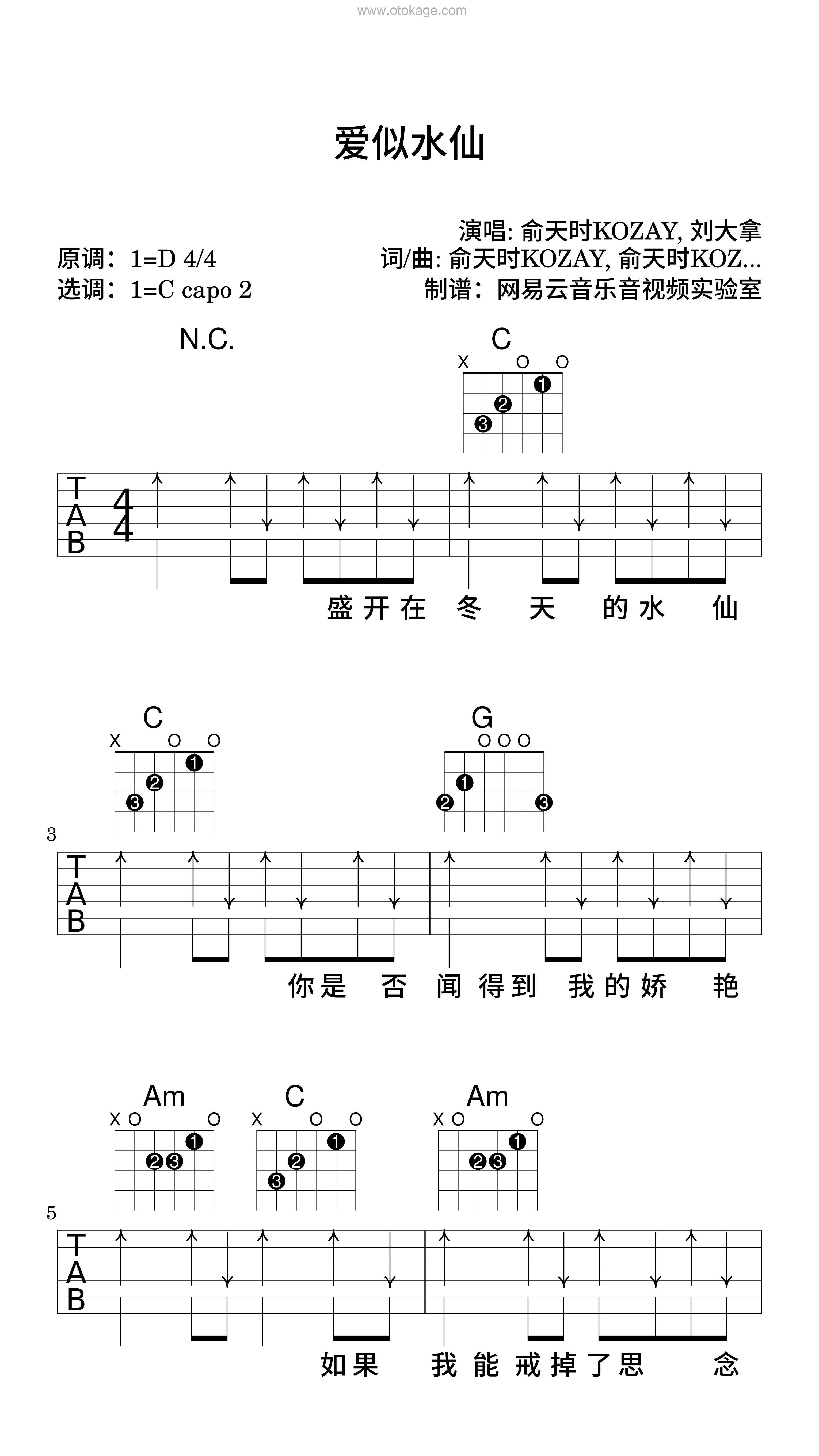 俞天时KOZAY,刘大拿《爱似水仙吉他谱》D调_柔和的音色渲染