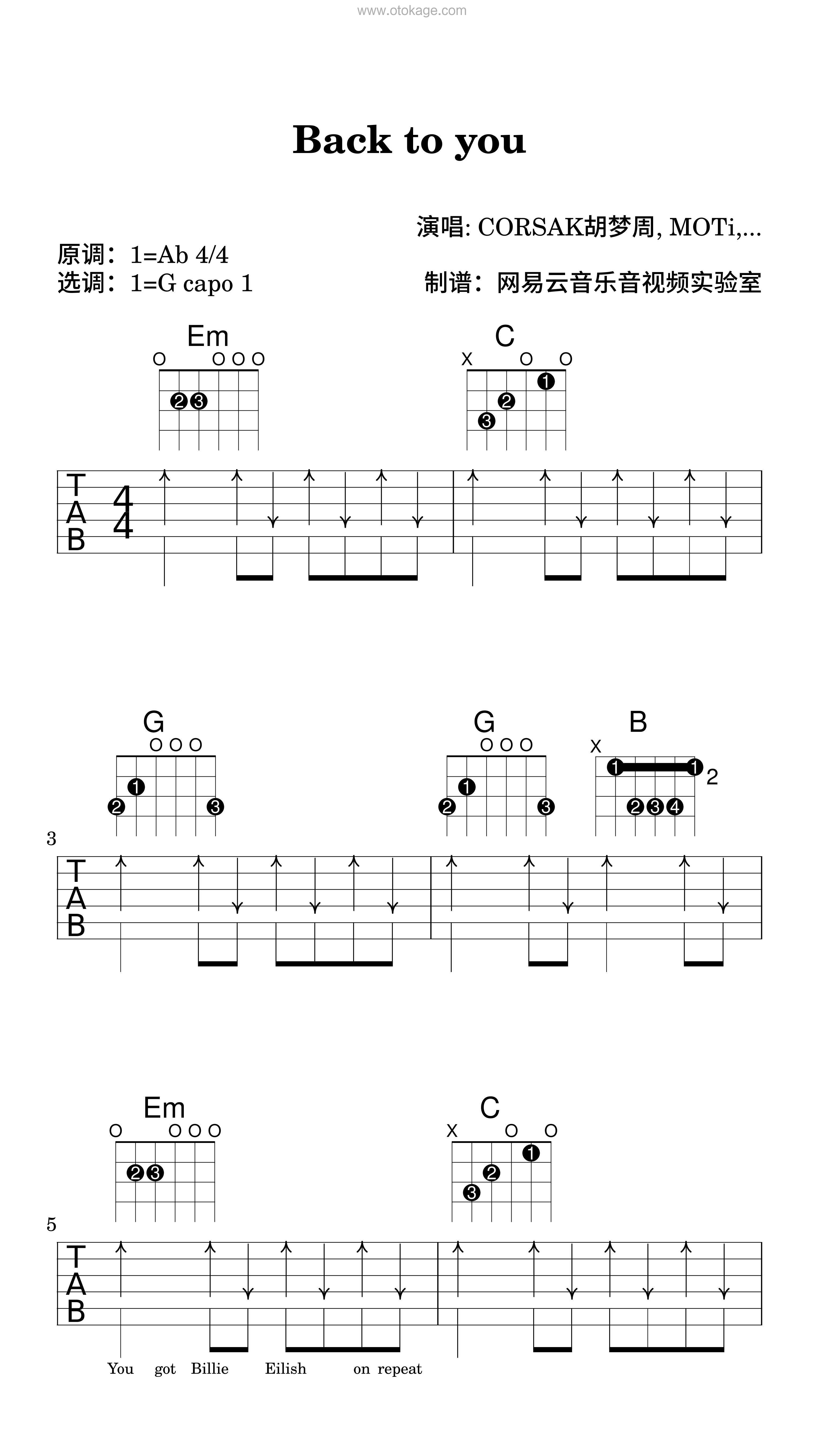 CORSAK胡梦周,MOTi《Back to you吉他谱》降A调_节奏舒缓而温柔